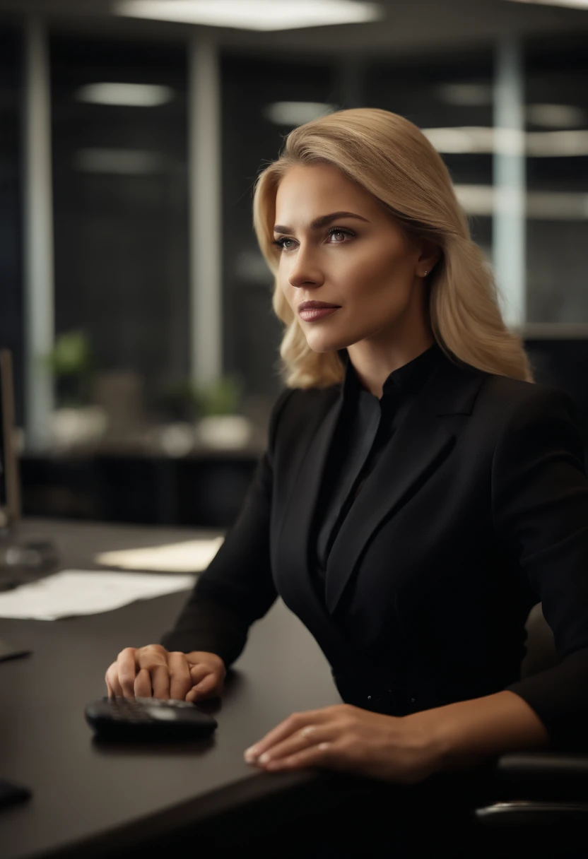 professional, (4k photo:1.1), high detail, wearing black business dress, beautiful detailed face, hazel eyes, not too long blonde hair, body shape, office board room with desk, windows face camera