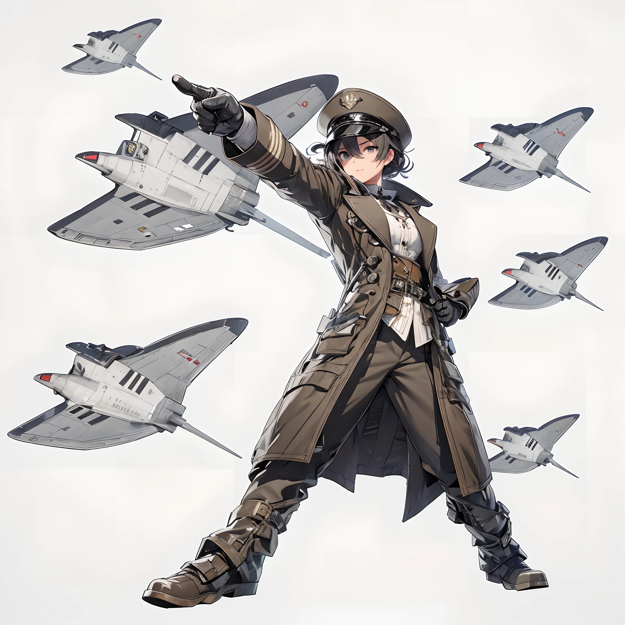 Lead Leader、The ultra -The high-definition、Standing alone、((Charismatic young woman))、Military Personnel、steampunc、Pointing finger、The gaze is far away、gloves、(Flying Grey)、Nice Body、(confident facial expression)