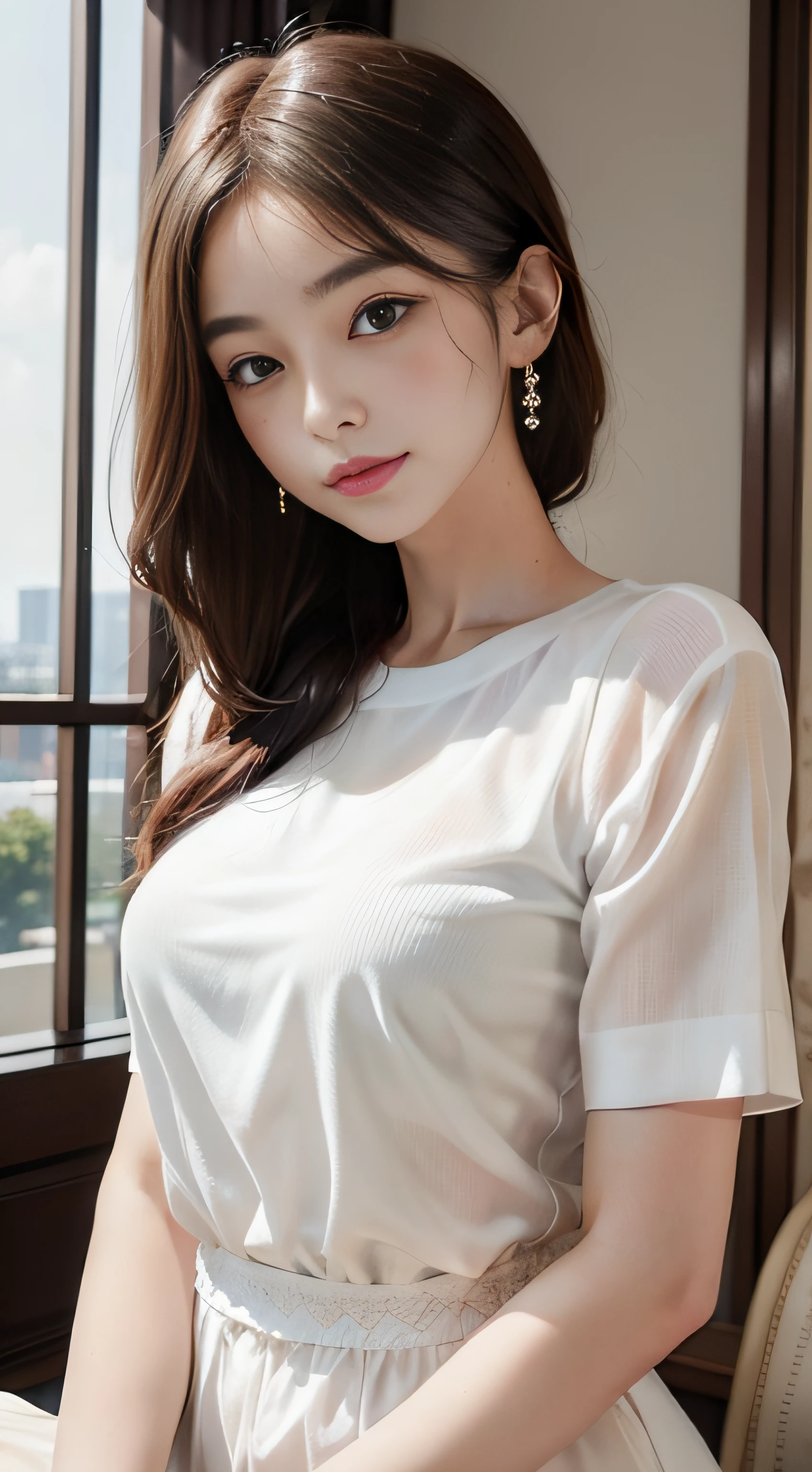 8k, masterpiece, RAW photo, best quality, photorealistic, extremely detailed CG unity 8k wallpaper, Depth of field, Cinematic Light, Lens Flare, Ray tracing, (extremely beautiful face, beautiful lips, beautiful eyes), intricate detail face, ((ultra detailed skin)) 1girl, in the dark, deep shadow, pretty asian girl, very slim slender fit-muscled body), ((looking at viewer)),(big smile), (blurry background), midnight, (pretty asian girl), earrings, bracelets, necklace, clear eyes, shot, (pale skin), face forward, (big eyes), ((close up shot)), (looking at viewer), medium breasts,((smile)), (see through), (open breasts), ( very slim), (see through shirt), ((red see through skirt)), thick thighs, laced stockings, rooftop, dim lights, big windows, bed, ((night)), cityscape