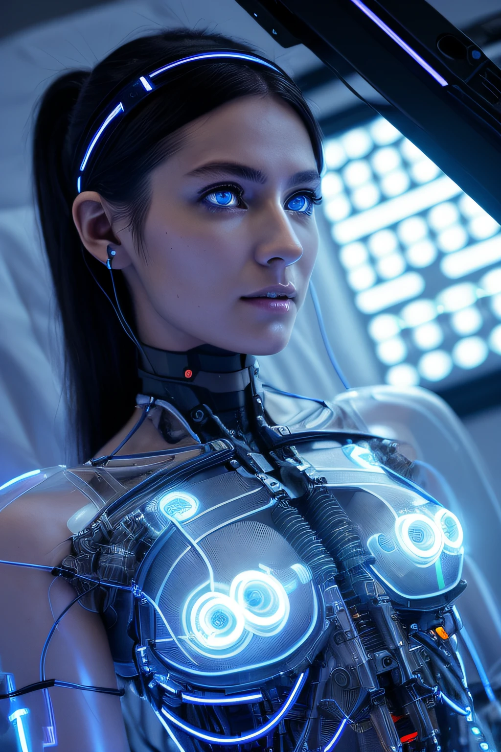 Cyborg Woman, (((See Through Body, Blue LED Eyes, Clear Glass body))), Electronic Systems inside body clear to see, Detailed Brain in Sight, Detailed connection wire, mechanical limbs, tubes connected to the mechanical parts, mechanical vertebrae attached to the spine, mechanical cervical attachment to the neck, wires and cables connecting to the head, (((On a surgical Bed))), (((Cables Connecting to Monitors))), (((machine installing parts to the head))), Cybernetics, Cyberpunk,  Canon M50, 100mm, Sharp Focus, Hyperrealism, Very detailed, Intricate Details, Full Body View, small glowing LED lamps, Bright Red Neon Highlights, global lighting, deep shadows, Octane Rendering, 8K, Ultra Sharp, Metal, Intricate Ornament Details, baroque details, Very intricate details, realistic light, facing the camera, neon details, (android manufactory in background)