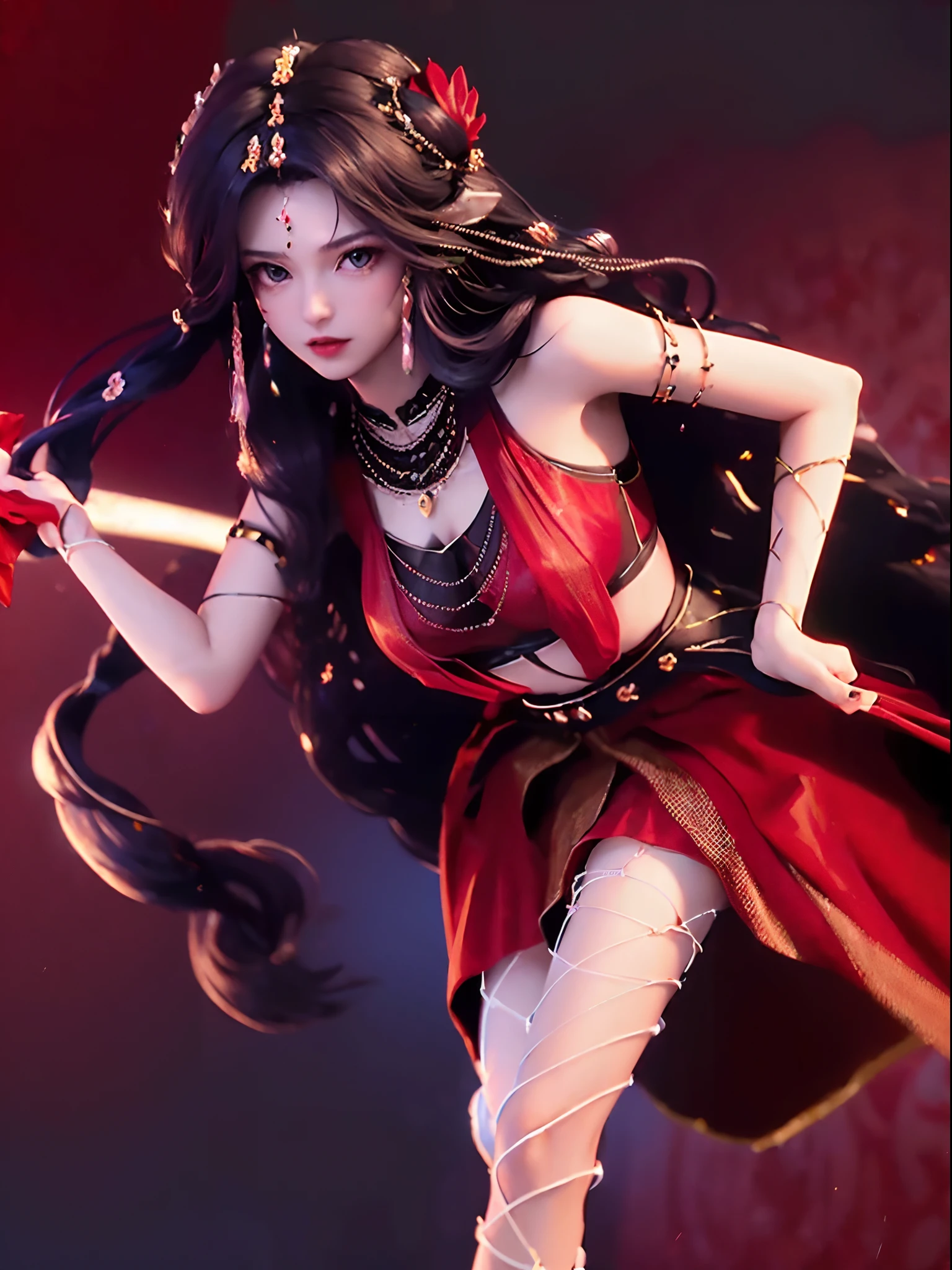 1 beautiful and sexy 20 year old girl, ((Wearing an ultra-thin red dress:1.6)), Diamond dress, ((Long black purple hair:1.6)), bangs, Jewelry made of gemstones and beautiful hair, ((Wear a black lace necklace:1.4))), Noble, The noble demeanor of a very beautiful girl, Her little face is super cute, Her face is beautiful, Thin eyebrows, flawless and beautiful face, ((black eye pupil: 0.8)), verybeautifuleyes, ((Black eyes: 1.6)), Beautiful makeup and hair detailed eyelashes, Hot eye makeup, High nose, Earrings, Red lips, ((Closed mouth: 1;5 )) Beautiful lips, Slim hands, The most beautiful thighs, Rosy face, Clean face, flawless and beautiful face, Smooth white skin, (Big breasts: 1.5)), ((high breasts: 1.6) ), Big taut breasts, The beautiful, (((and super rounded: 1.8))), ((Ultra-tight breasts: 1.7)) , Beautiful breasts, Perfect body, back arms, Chest out, Black thin mesh stockings,Black lace trim, (((Exposing the abdomen))),, Don't be shy, 8k photograph, Super high quality, Super realistic, More than 10x pixels, lightwave, Bright Studio, Bright edges, twotonelighting, (High-detail skin:1.2), Super 8K, Soft lighting, High quality, voluminetric lighting, Photorealistic, Realistic high resolution, lighting, best photos, 4K, 8K quality, blurry effect, Smooth and sharp, 10 x pixels, ((Red flower background:1.5)), aurora, Lightning, Ultra-realistic graphics, The most realistic graphics, Alone, Solo, Extremely sharp images, Surreal,((((((Long legs,high-heels))))))