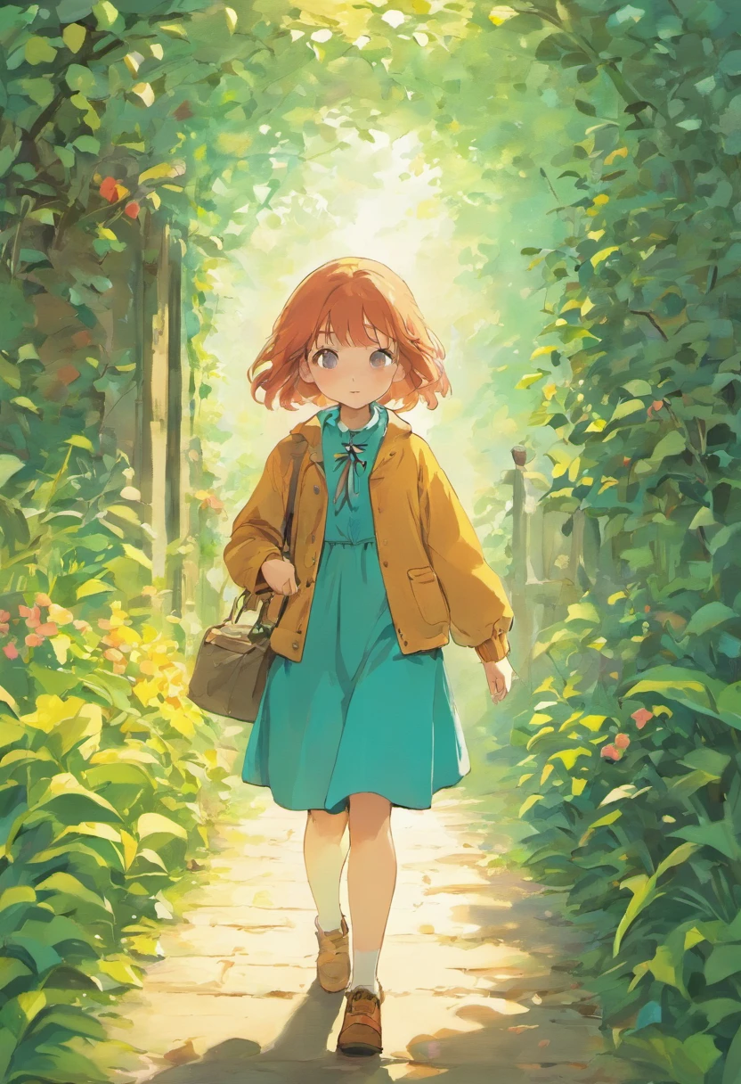 Illustration of a picture book in the style of Beatrix Potter,  Girl taking a walk in the garden ,The illustrations are attractive and exquisite, Soft colors and details.