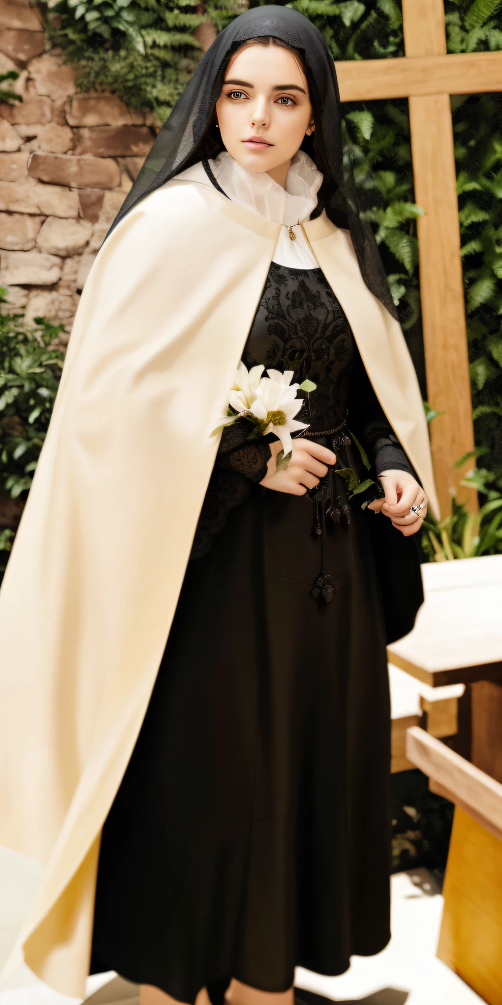 mulher vestida com uma roupa de freira segurando uma flor, Bem Modelo de Moda, inspirado em Modest Urgell, Bem Enxoval, inspirado em Francisco de Burgos Mantilla, em vestes escuras com detalhes dourados, Billie Eilish como freira, vestindo vestes marrons, majestosa mulher de santo, agora, mulher em vestes pretas, inspirado em Petrus Christus, (Foto RAW, real, melhor qualidade, obra-prima: 1.2), (Hiper realista, realista: 1.2), alta qualidade, (dark ilumination: 1.2), perfect lighting, 4k