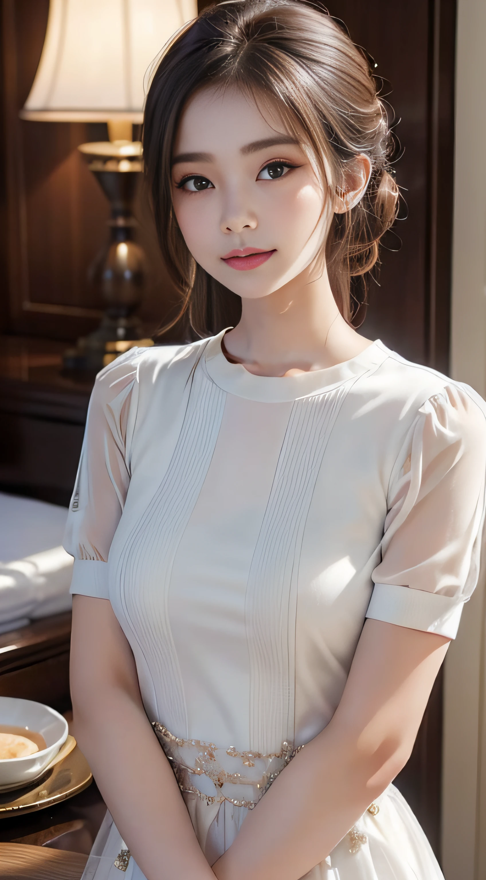 ​masterpiece、Top image quality:1.2、((beautiful young woman with))、Transparent skin:1.2、{A slight smil}、(kawaii)、Transparent short sleeve knit:1.2、luxury hotel、depth of fields、Sharp Focus:1.5、Fine details、The chest is sheer