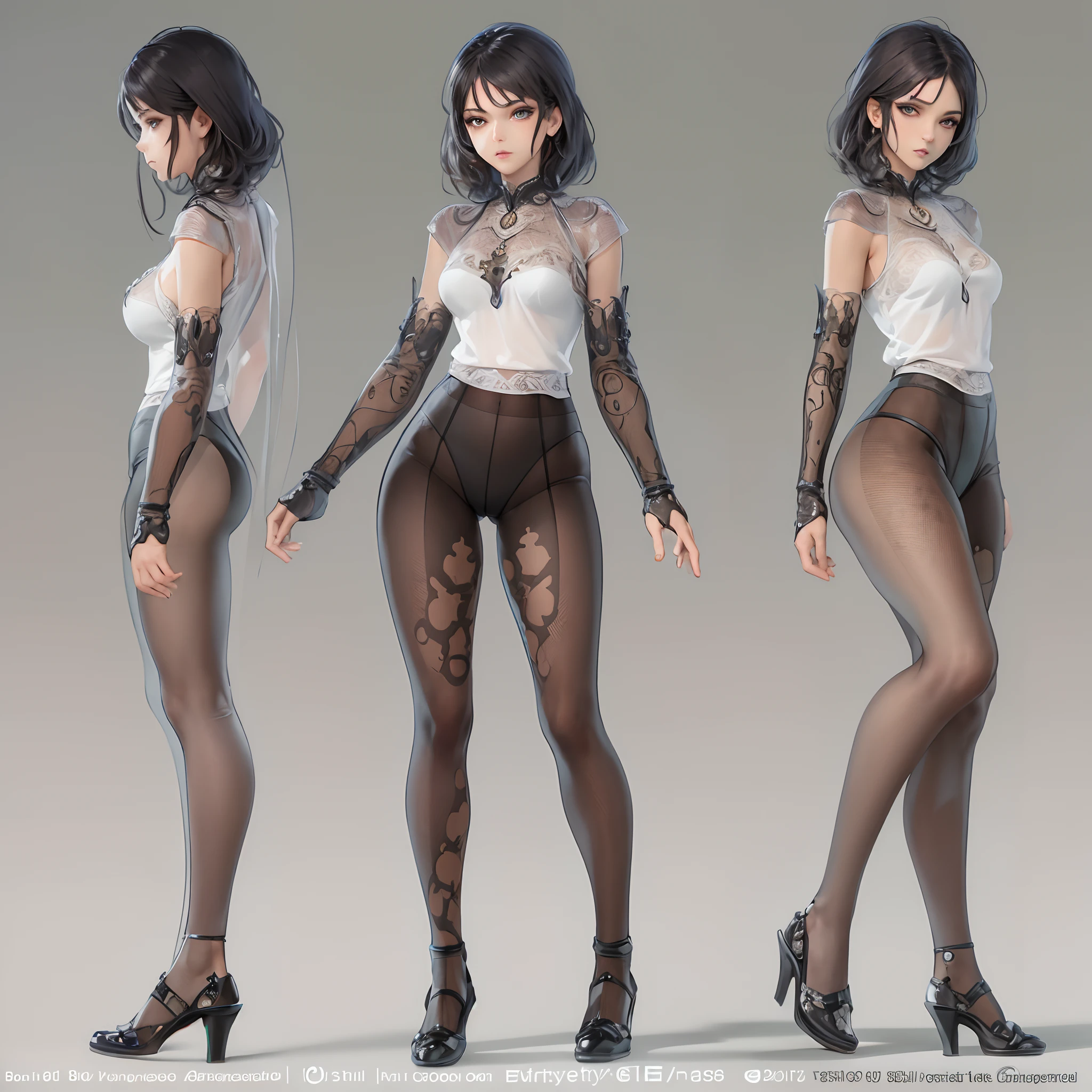 ((Masterpiece, Highest quality)), Detailed face, CharacterDesignSheet， full bodyesbian, Full of details, Multiple poses and expressions, Highly detailed, Depth, Many parts，beuaty girl，Detailed eyes, ssee-through，lacepantyhose，estilo fantasia，Extremely beautiful，High Balance, Natural light