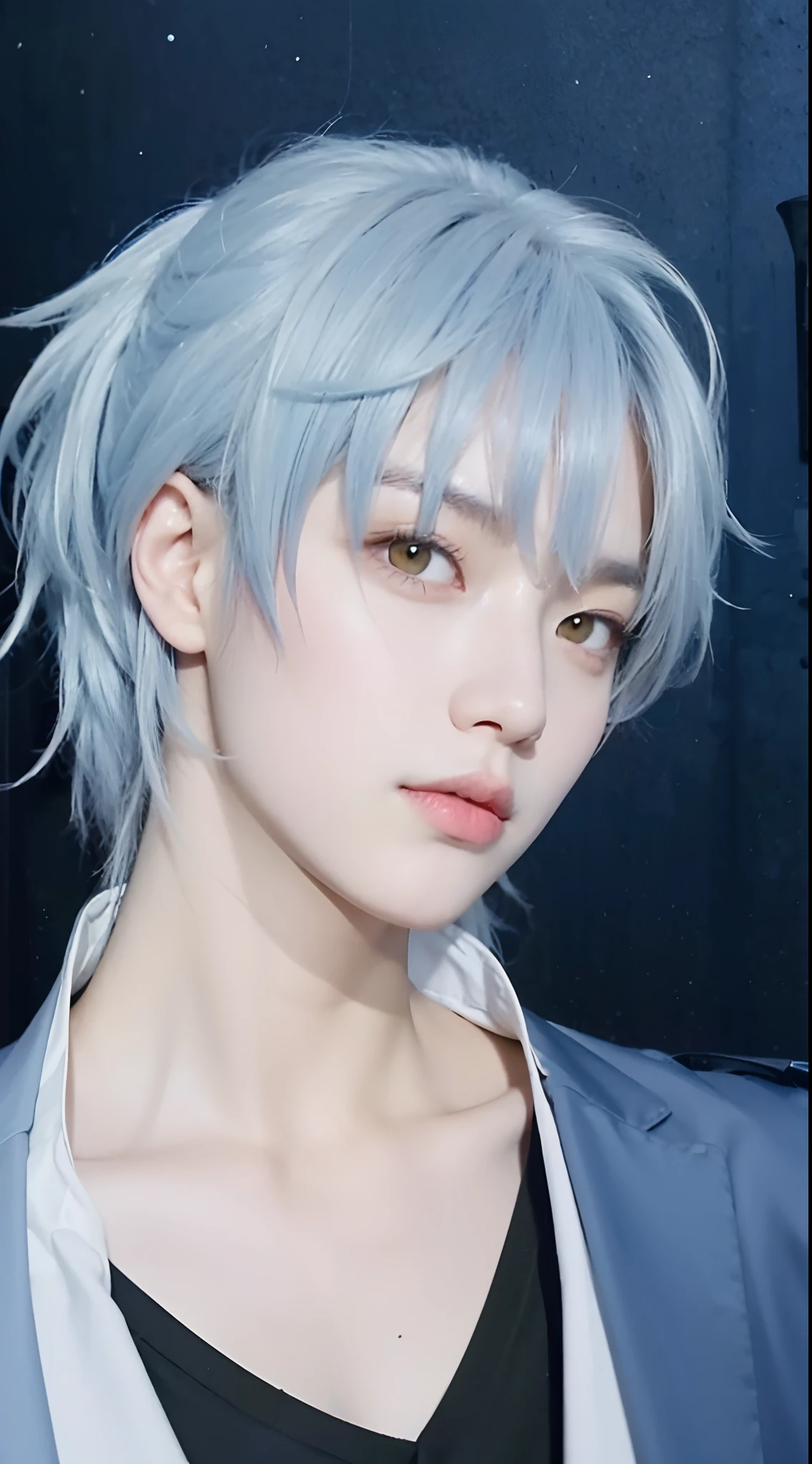 Real life adaption of this character, korean teen handsome face, yellow eyes, looking to viewer,realistic blue long Messy hair, realistic outfit, realistic background, hyper realistic, realistic light, realistic shadow, realism,(photorealistic:1.2),cool expression