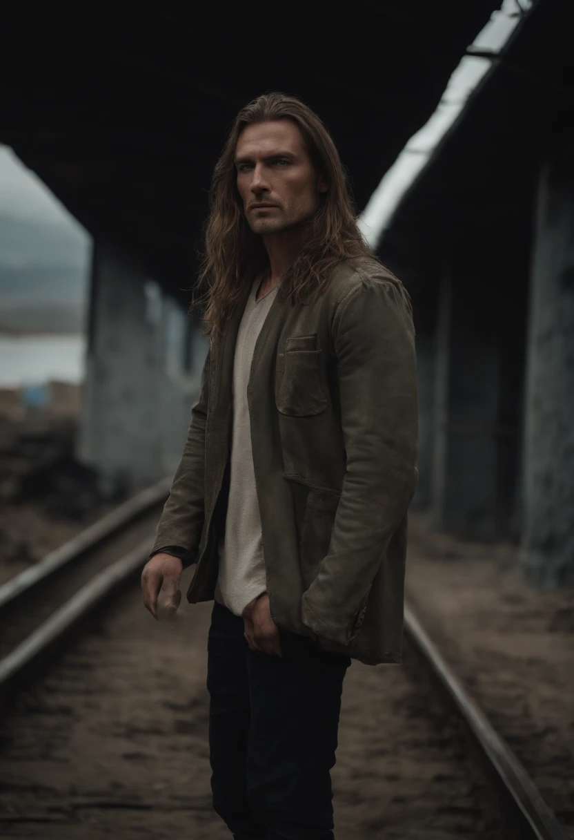Raw photo, Brutal 45 Y close-up portrait photo.Man in the clothes of the wasteland, Long haircut, pale skin, Slim body, background is city ruins, (High detailed skin:1.2), 8K UHD, Digital SLR, Soft lighting, High quality, Film grain, FUJI XT3