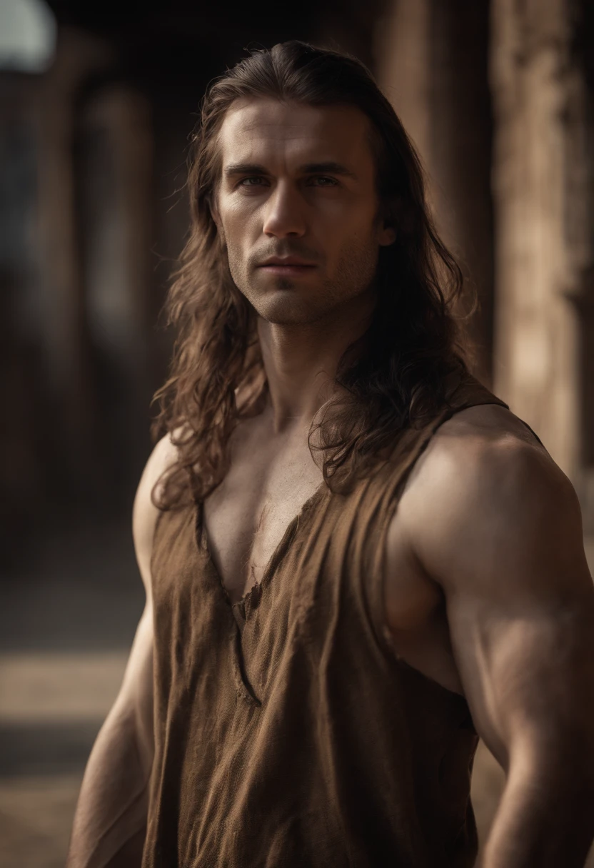 Raw photo, Brutal 45 Y close-up portrait photo.Man in the clothes of the wasteland, Long haircut, pale skin, Slim body, background is city ruins, (High detailed skin:1.2), 8K UHD, Digital SLR, Soft lighting, High quality, Film grain, FUJI XT3