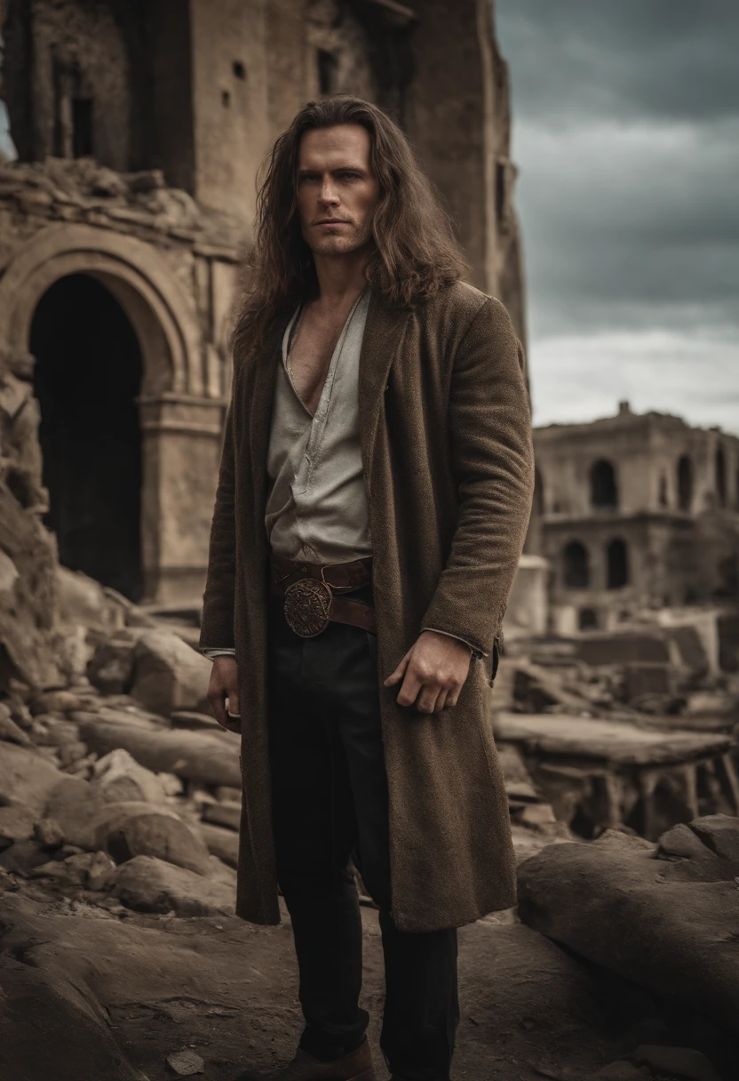 Raw photo, Brutal 45 Y close-up portrait photo.Man in the clothes of the wasteland, Long haircut, pale skin, Slim body, background is city ruins, (High detailed skin:1.2), 8K UHD, Digital SLR, Soft lighting, High quality, Film grain, FUJI XT3