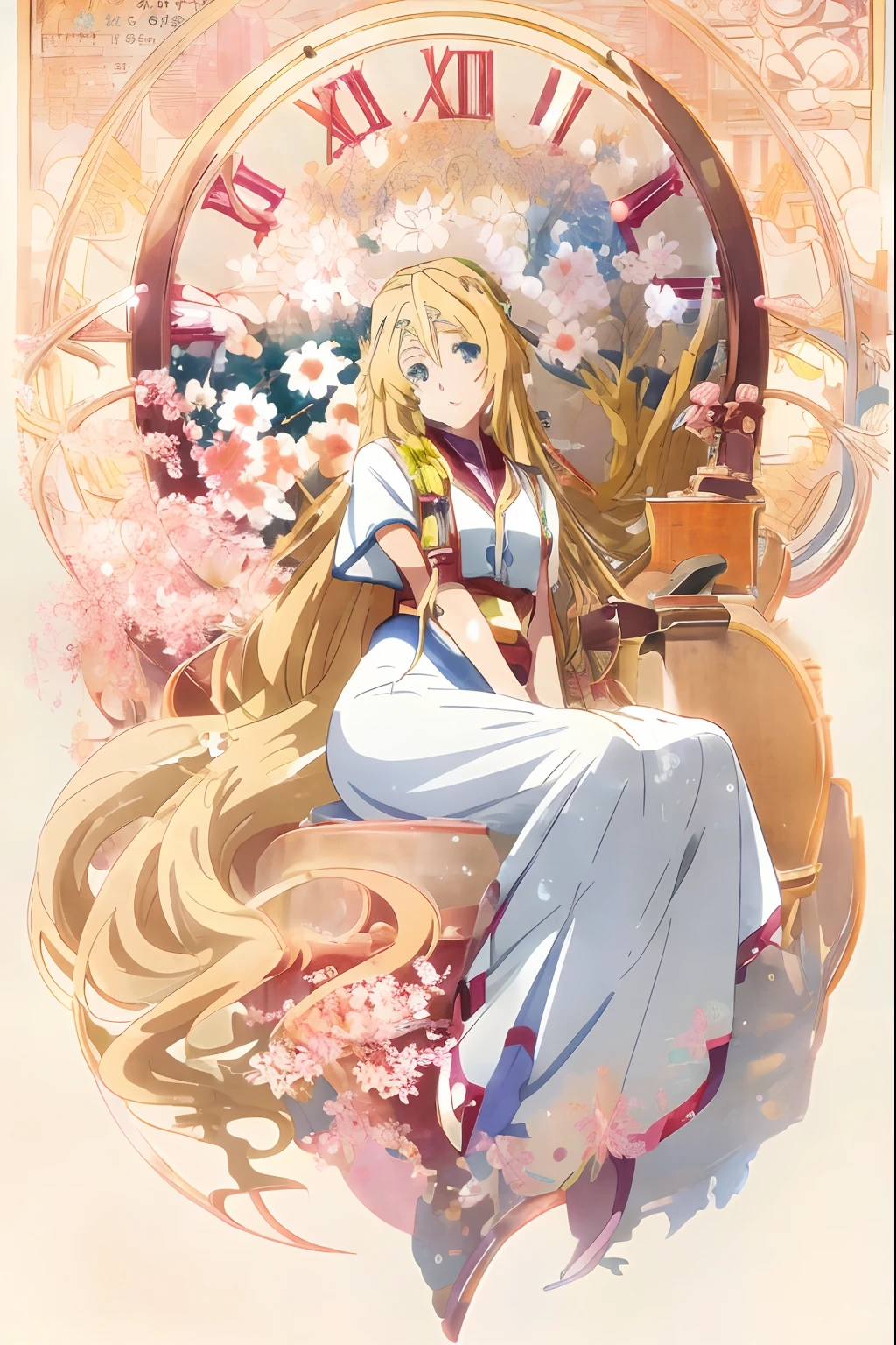 Anime girl with long blonde hair sitting in chair with clock, Blonde anime girl with long hair, Anime goddess, ((a beautiful fantasy empress)), blond-haired princess, anime art nouveau, Anime girl with long hair, Beautiful anime art, Digital art on Pixiv, Alphonse mucha and rossdraws, Beautiful anime artwork, Anime princess, flowing hair and long robes