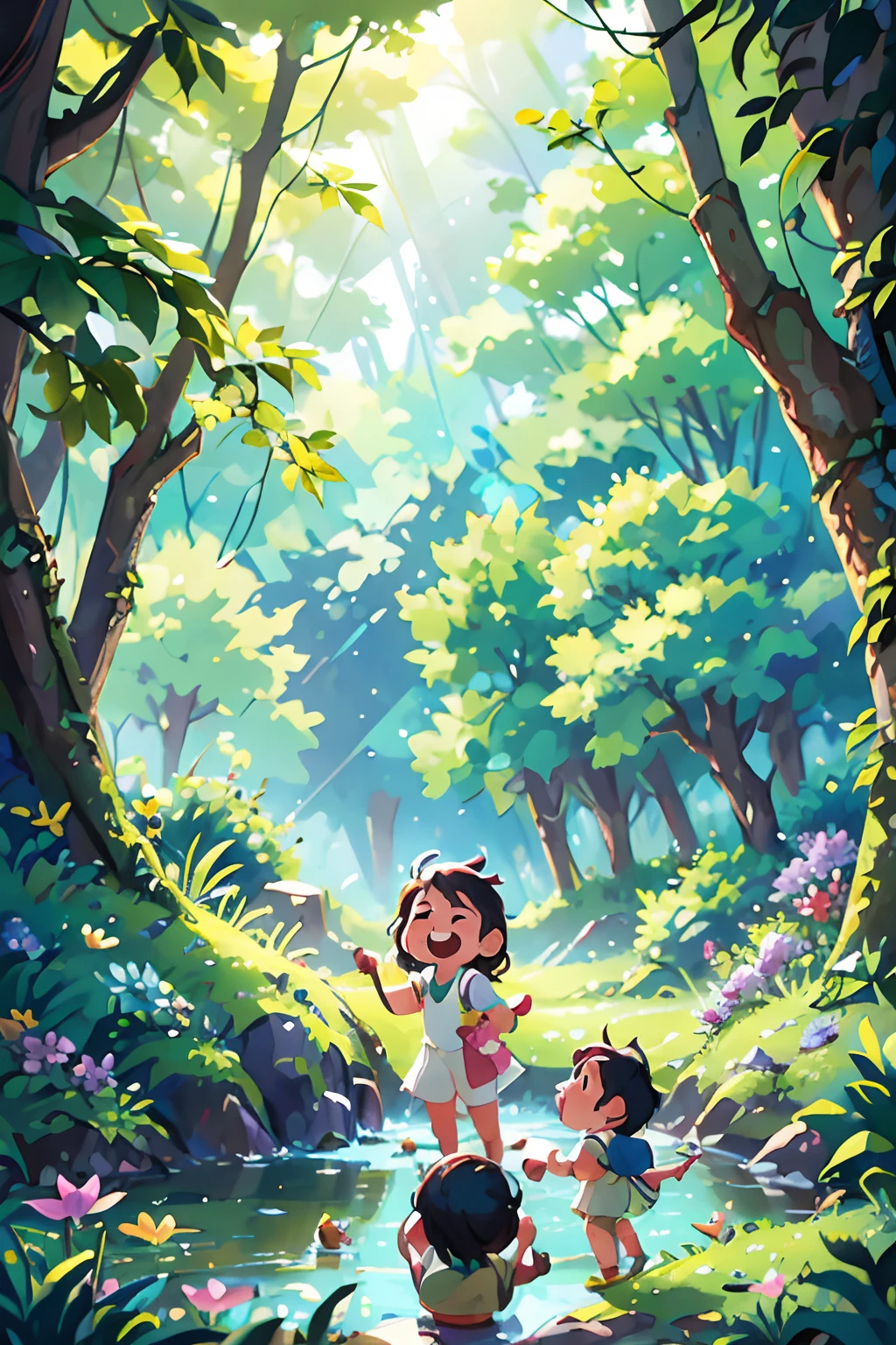 (a forest crossed by a river,flowers,swallows in the sky,spring,children playing), oil painting, ultra-detailed, vivid colors, realistic lighting, landscape, birds chirping, sunlight filtering through the trees, soft breeze, lush green foliage, sparkling water reflections, vibrant wildflowers, joyful laughter, carefree children's expressions, dynamic brushstrokes, harmonious composition.