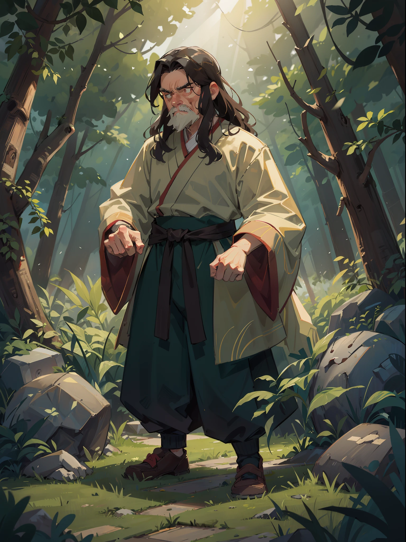 An elderly man, Kneel on the ground in the forest, wearing a hanfu, He was followed by a dog, Curly hair, Chiaroscuro, vanishing point, hyper HD, Best quality, A high resolution, 1080p, ccurate