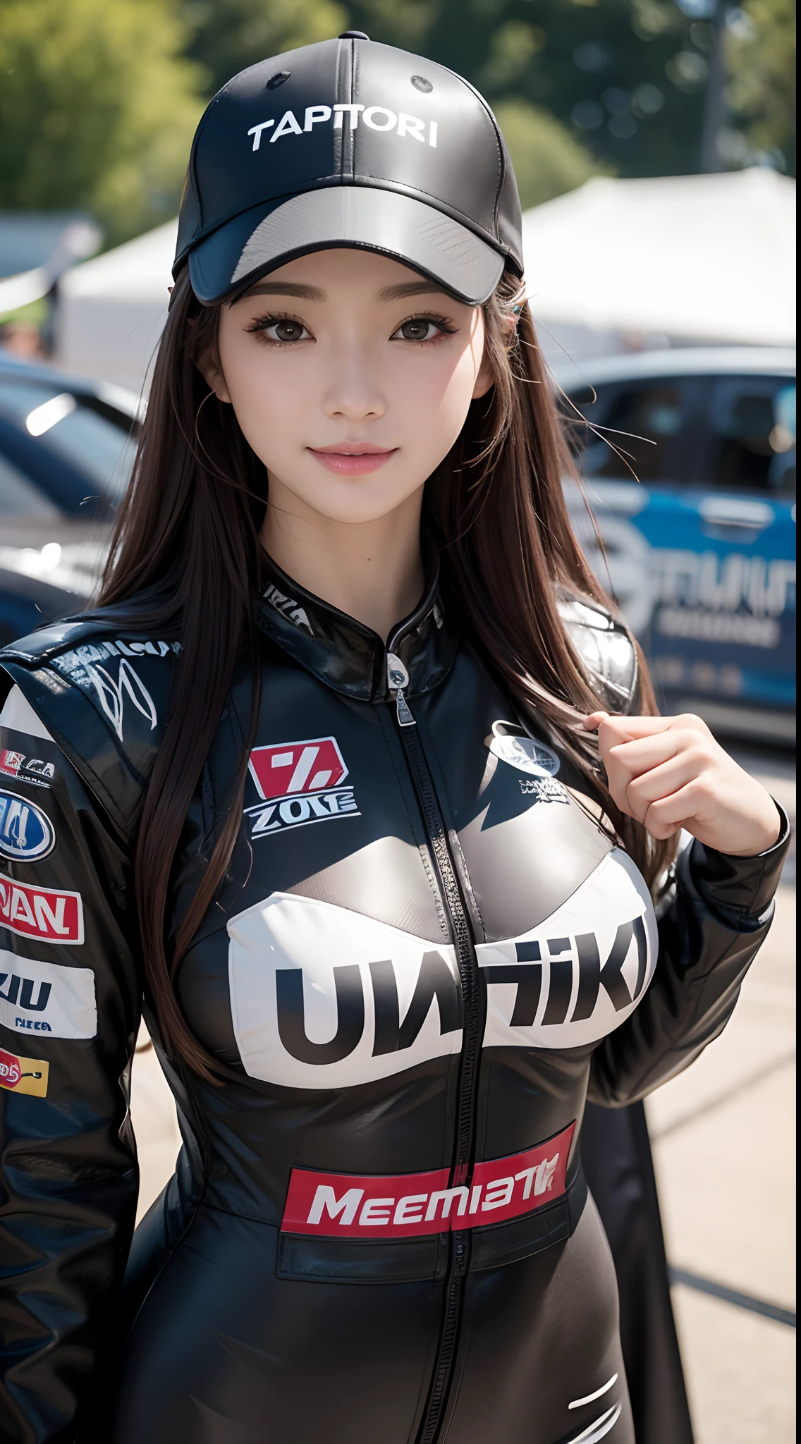 (detailed skin:1.2),(shiny skin:1.1),8k,best quality, masterpiece, ultra high res,(photorealistic:1.4),(soft saturation:1.3),(fair skin:1.2),1woman, young, japanese, brown hair, brown eyes, medium hair, asymmetrical hair, wavy hair, asymmetrical bangs, makeup,(lipstick:1.1),(eyeliner:1), mascara, eyeshadow, glamor, large breasts, grid girl costume and sponsor logo, in racing circuit and large crowd