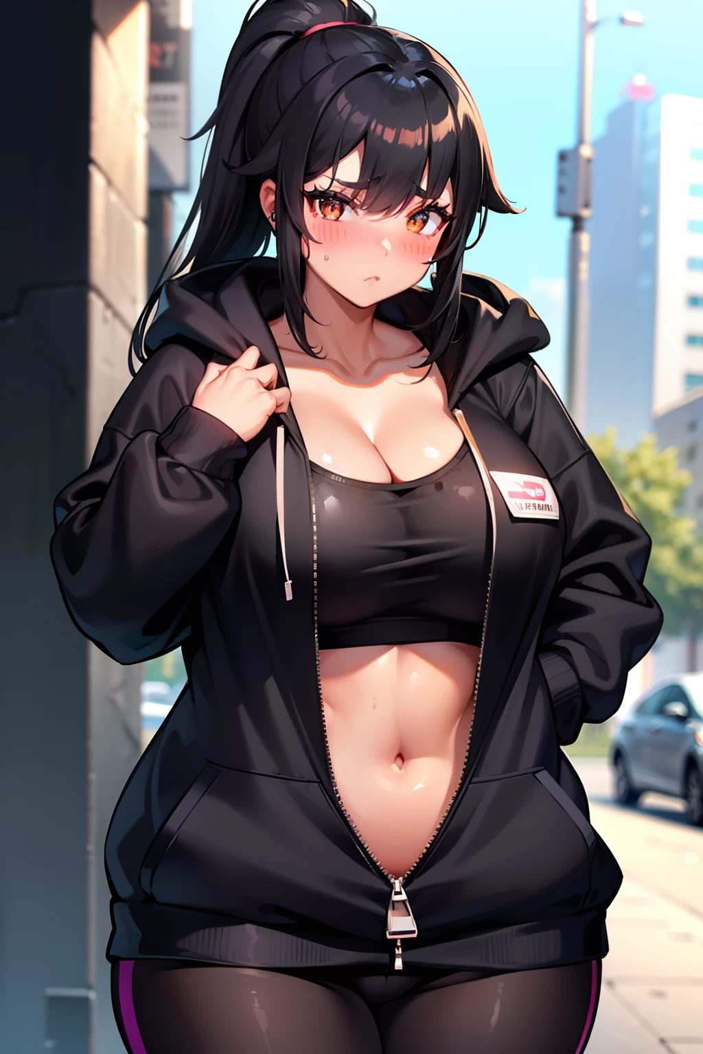 girl with black hair, ponytail,oversized hoodie,oversized hoodie, curvy body cleavage, big boobs, face, blush. oversized hoodie , zipper, hoodie with zipper, blush, tan, unzipping, unzipping hoodie, wearing yoga pants, cleavage, unzipping clothes, unzipping hoodie,