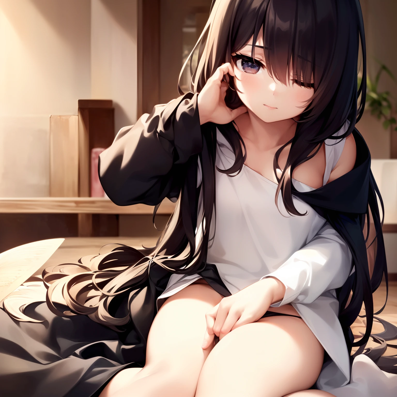 (masterpiece}, {hight resolution}, {Good anatomy}, (top-quality), (extremely delicate and beautiful), (8k cg wallpaper), (illustratio), 1 girl in, A dark-haired, parka, Black skirt, One eye is hidden by hair, eye closed、Meditating, Meditation、Tying the Marks、Zen meditation、Wearing stockings