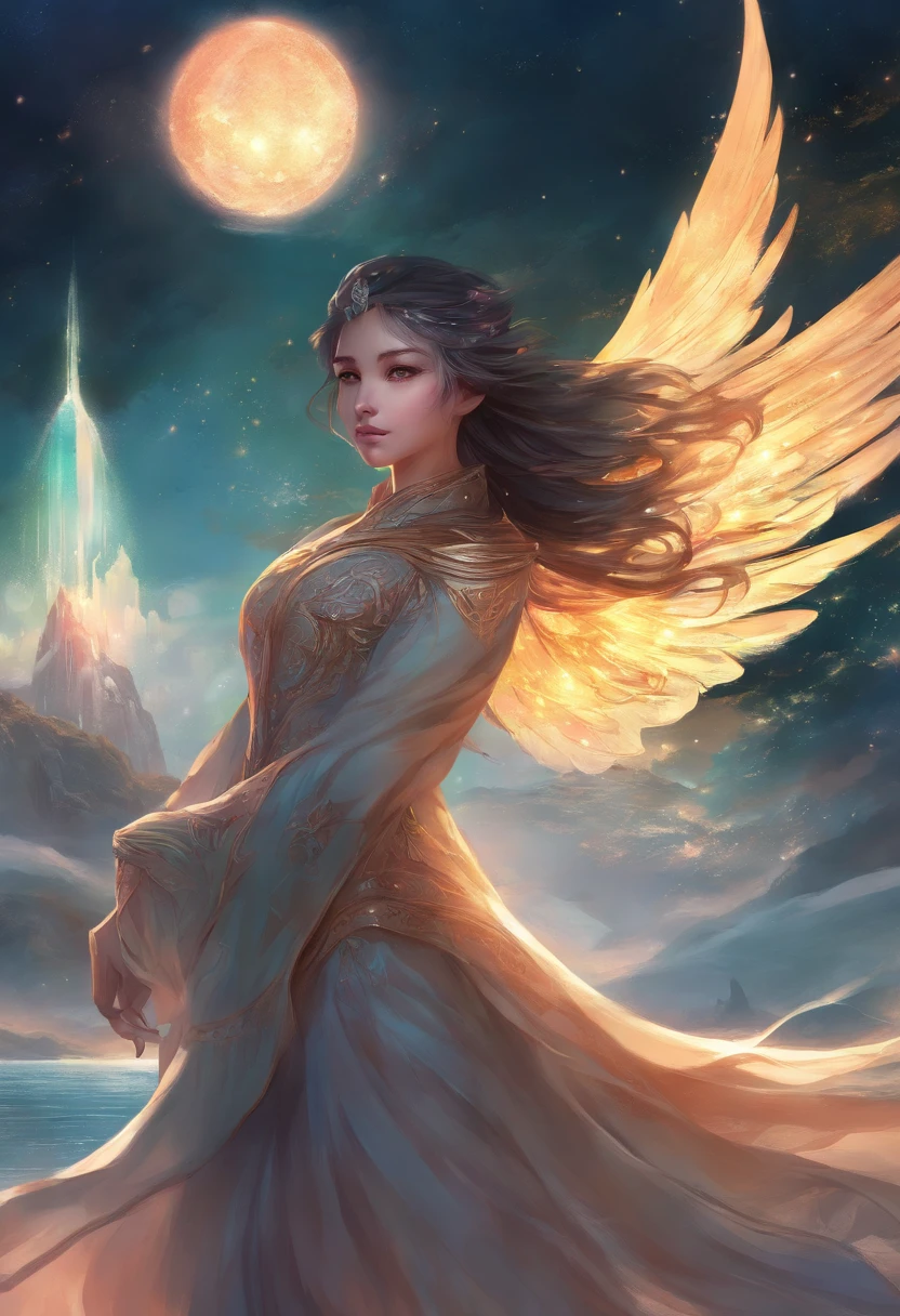 CG，Anime comic style，Surrounded by dark seawater，Sparkling，There is a shimmer at the top，The silhouette of a blurred person is in the middle of the picture，wide angles，The human form is constantly falling