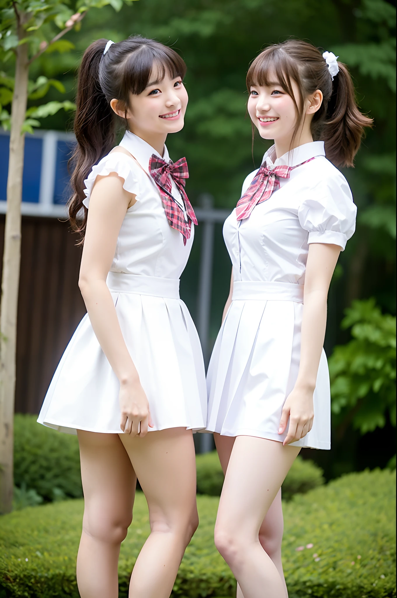 2 girls in school park,white short-sleeved frilled leotard with plaid bow tie,18-year-old,bangs,a little smile,thighs,knees,short hair with low pigtails,from before,front light