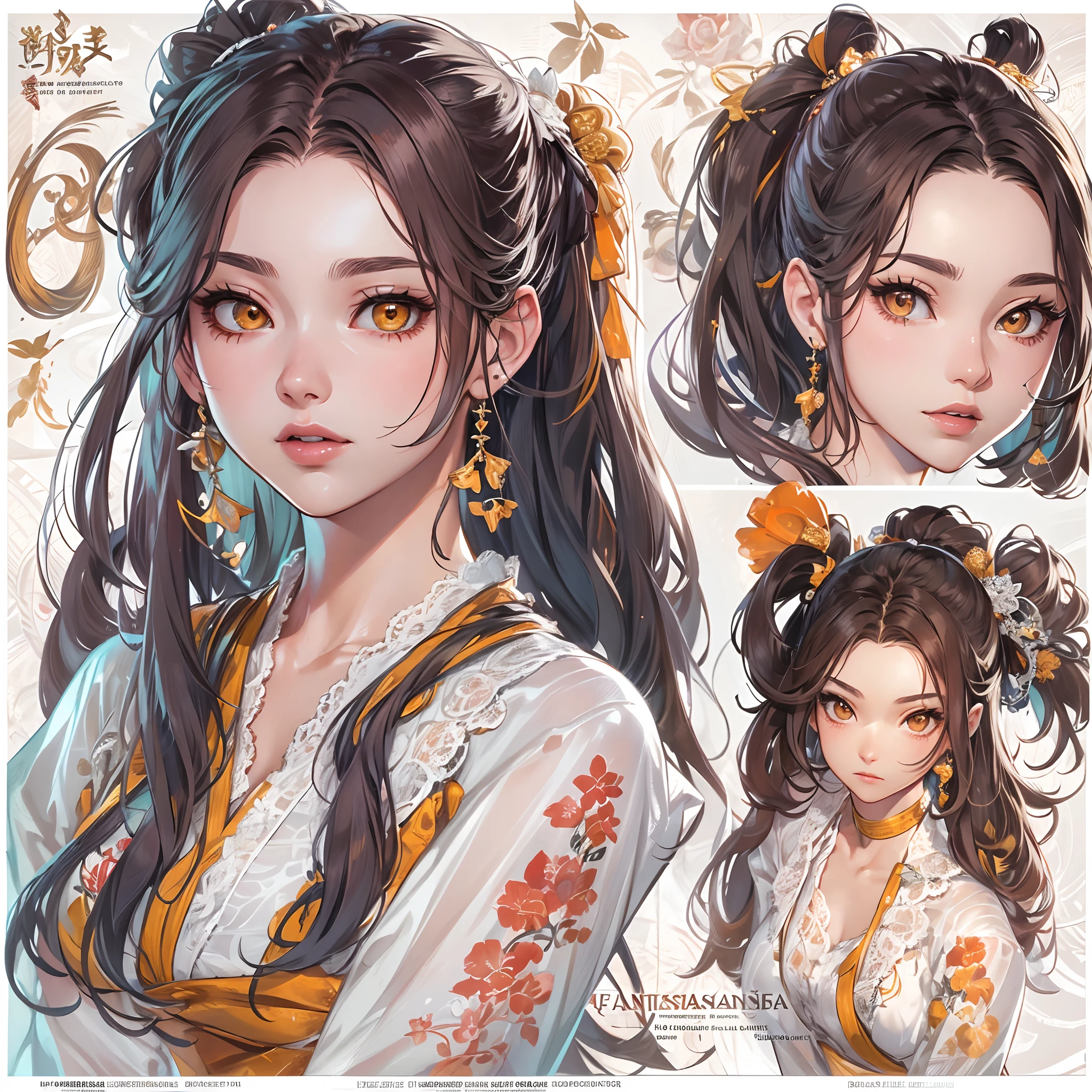 ((Masterpiece, Highest quality)), Detailed face, CharacterDesignSheet， full bodyesbian, Full of details, Multiple poses and expressions, Highly detailed, Depth, Many parts，Martial arts girl，double-ponytail，estilo fantasia，Orange caramel，Extremely beautiful，High Balance, Natural light, Lace，lacepantyhose，The water is rippling