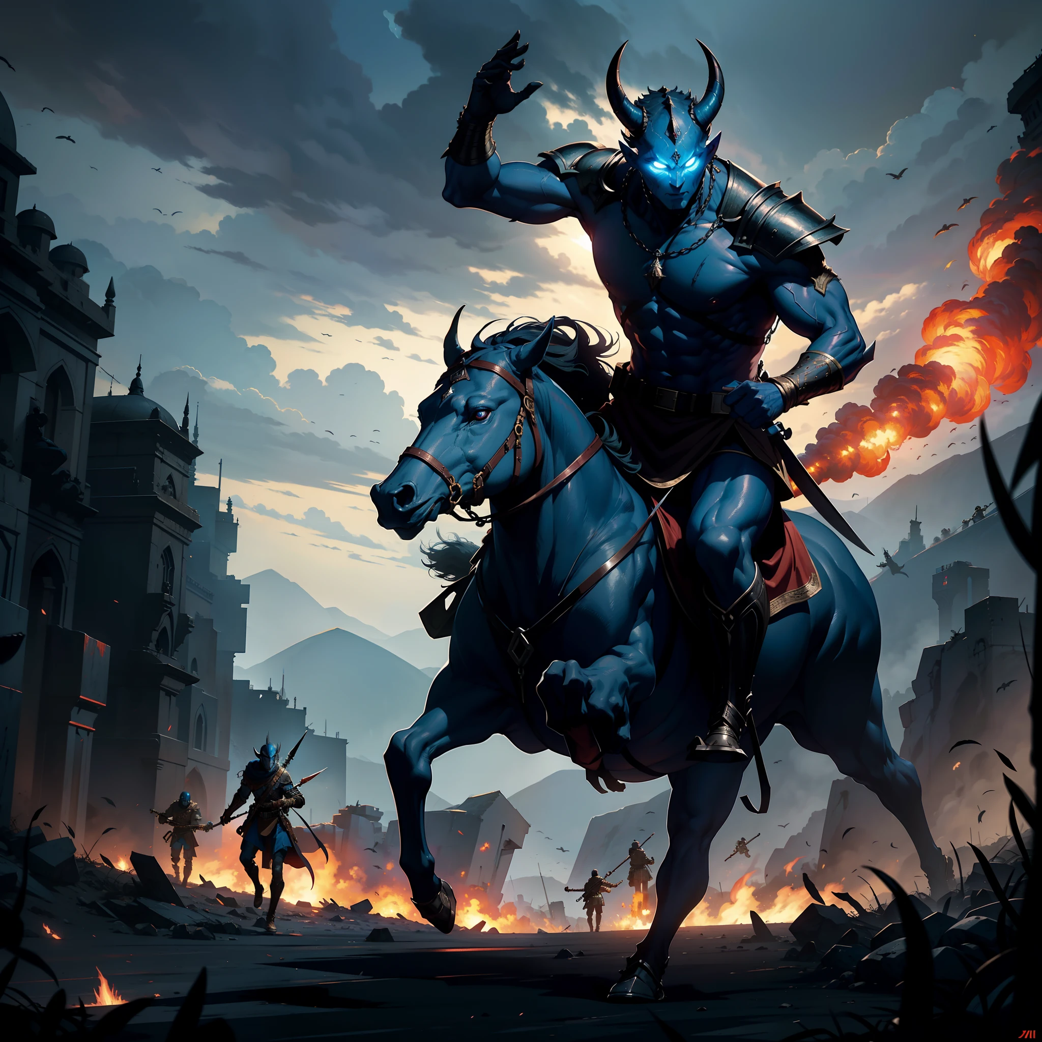 Thé Devil leading troops army of djinns to battle War hyper realistic super detailed Dynamic shot master piece scene cinématique scènes movie Epic Legendary perspective environnement