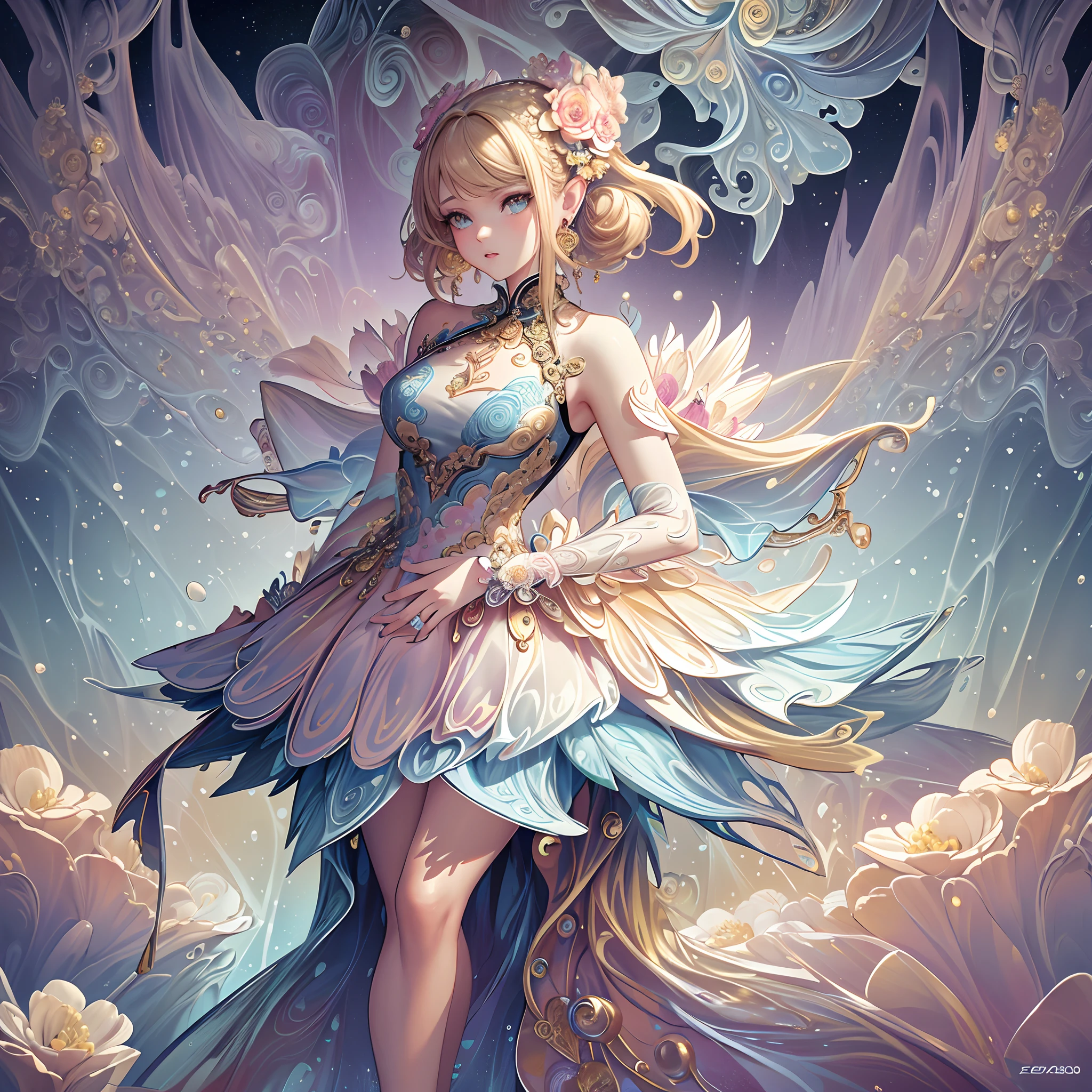 (masterpiece, top quality, best quality, official art, beautiful and aesthetic: 1.2), (1girl:1.3), extremely detailed, blonde,(fractal art:1.1),(colorful:1.1)(flowers:1.3),more detailed,( zentangle:1.2), (dynamic posture), (abstract background:1.3), (Chinese dress:1.2), (shiny skin), (many colors:1.4), ,(earrings:1.4),