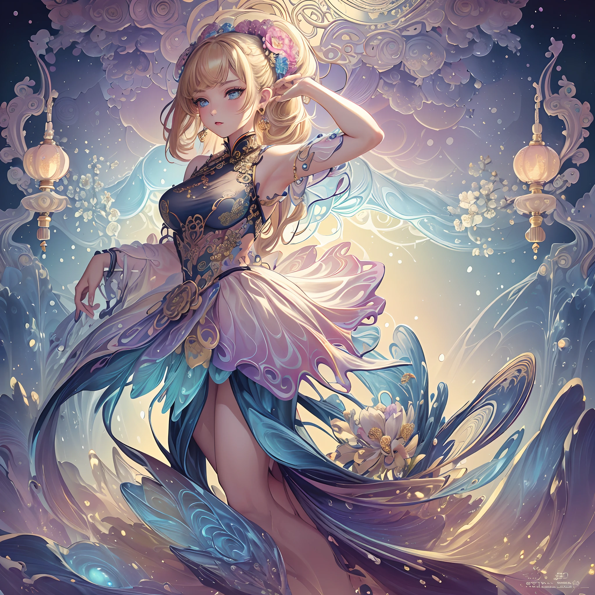 (masterpiece, top quality, best quality, official art, beautiful and aesthetic: 1.2), (1girl:1.3), extremely detailed, blonde,(fractal art:1.1),(colorful:1.1)(flowers:1.3),more detailed,( zentangle:1.2), (dynamic posture), (abstract background:1.3), (Chinese dress:1.2), (shiny skin), (many colors:1.4), ,(earrings:1.4),