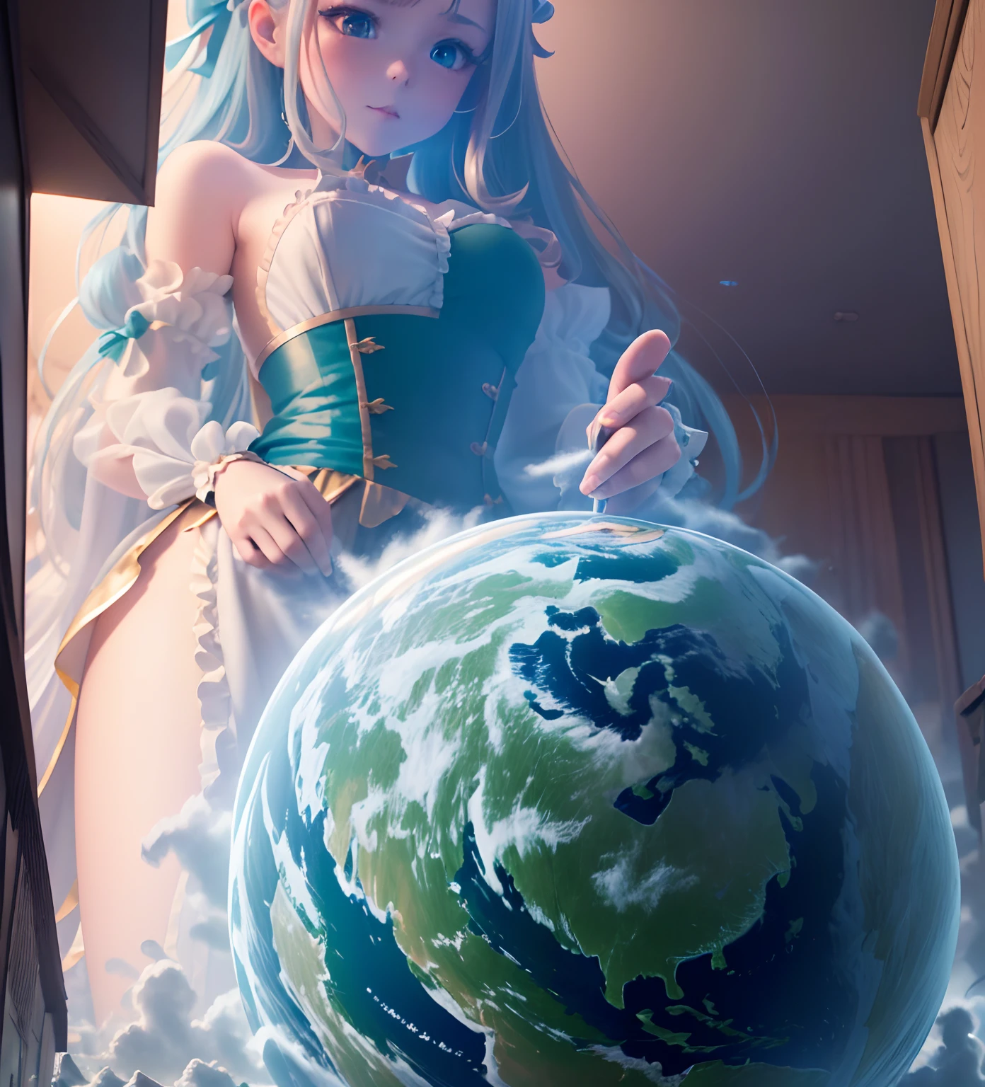 (artwork), (amazing work), (indirect linear lighting), (Chibi-cute studios), (Gif cute anime), (cute cute kawaii), (extremely detailed CG 8k unit wallpaper), (1girl) wearing cute dress, long blue hair with cute ruffled tiara, wearing silk gloves, white skin, green blue eyes, (cute kawaii)