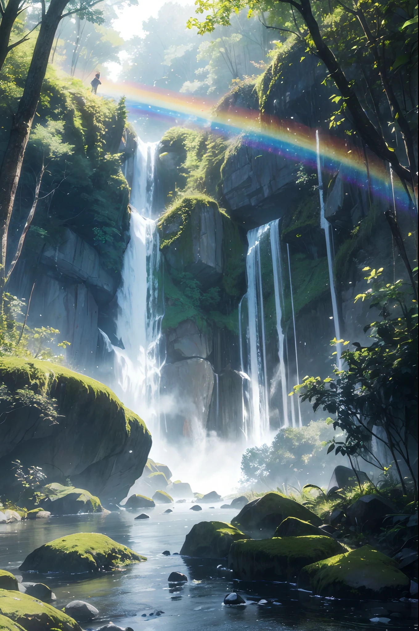high res, ultra detailed, (no human:1.3), BREAK , Create an image using a rainbow prism effect, with light refracting and creating ethereal cinematic appearance. BREAK , Design an image with a cinematic lens , capturing a wide field of view with a distinctive, curved perspective. BREAK , Capture a dense forest path, with aged thick trees, rocks, streams, waterfall,trees with colorful flowers,dappled sunlight, and a sense of tranquility and natural beauty. BREAK , Illustrate a ethereal world, using only ethereal shades of nature to convey depth, emotion, and a striking visual impact