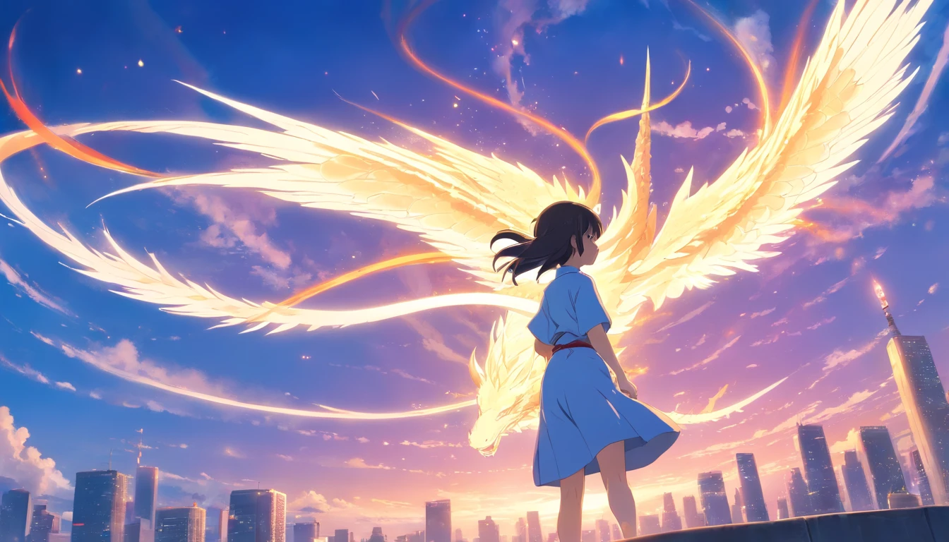 The Chinese White Divine Dragon soared into the air，（Girl manipulates dragons：1.3），（The girl has her back to the camera：1.3），Sky clouds surround the surroundings，Light magic，Fantastic background，Meaning background，Ridiculous background，There are artistic overlays，multicolored hair, surrealism, Cinematic lighting, Ray tracing, god light, speed-line, angle of view, hyper HD, Masterpiece, Best quality, Super detail, A high resolution, High quality，（Far view：1.3）