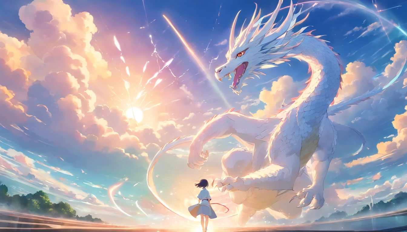 The Chinese White Divine Dragon soared into the air,(Girl manipulates dragons:1.3),(The girl has her back to the camera:1.3),Sky clouds surround the surroundings,Light magic,Fantastic background,Meaning background,Ridiculous background,There are artistic overlays,multicolored hair, surrealism, Cinematic lighting, Ray tracing, god light, speed-line, angle of view, hyper HD, Masterpiece, Best quality, Super detail, A high resolution, High quality,(Far view:1.3)