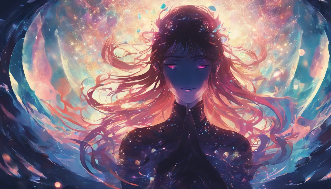 CG,Anime comic style,Surrounded by dark seawater,Sparkling,There is a shimmer at the top,The silhouette of a blurred person is in the middle of the picture,wide angles,The human form is constantly falling
