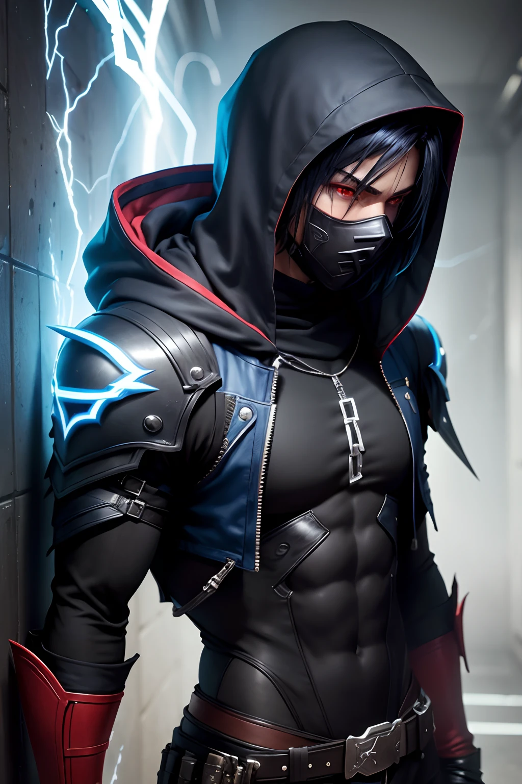 male character, with hood, final fantasy in cyberpunk style, blue neon, mask, black hair, black lightning, different portions, dark, red eyes, full shoulders,