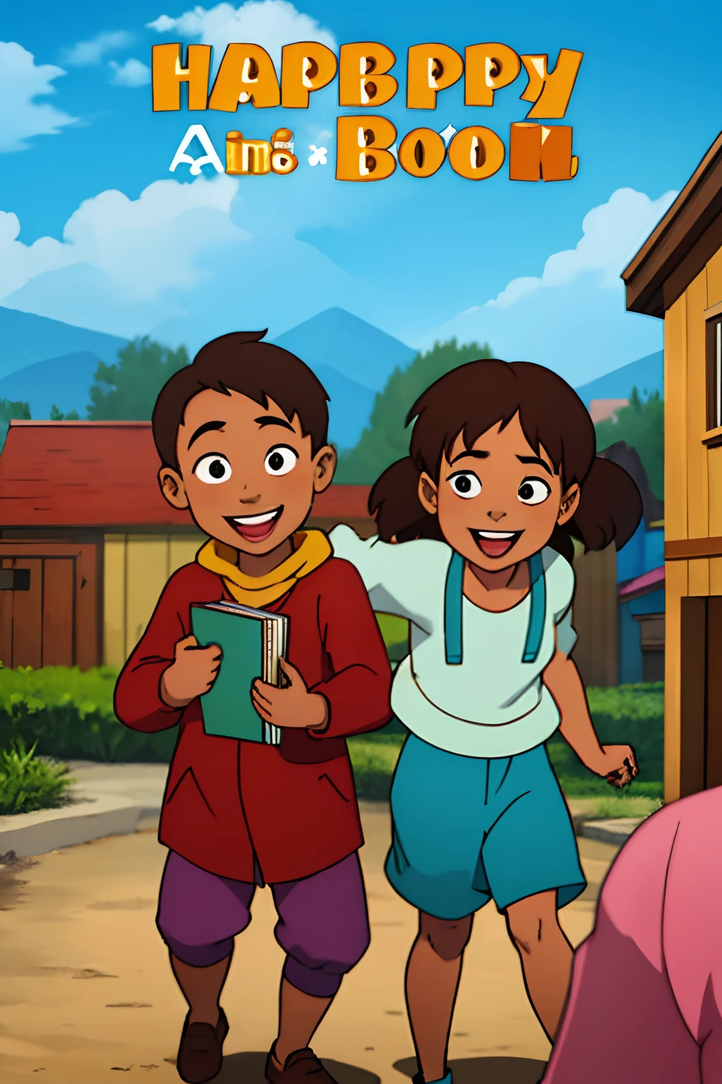 a boy and a girl laughing, dream world background, young boy, young girl, happy kids, kids laughing, happy village, book cover