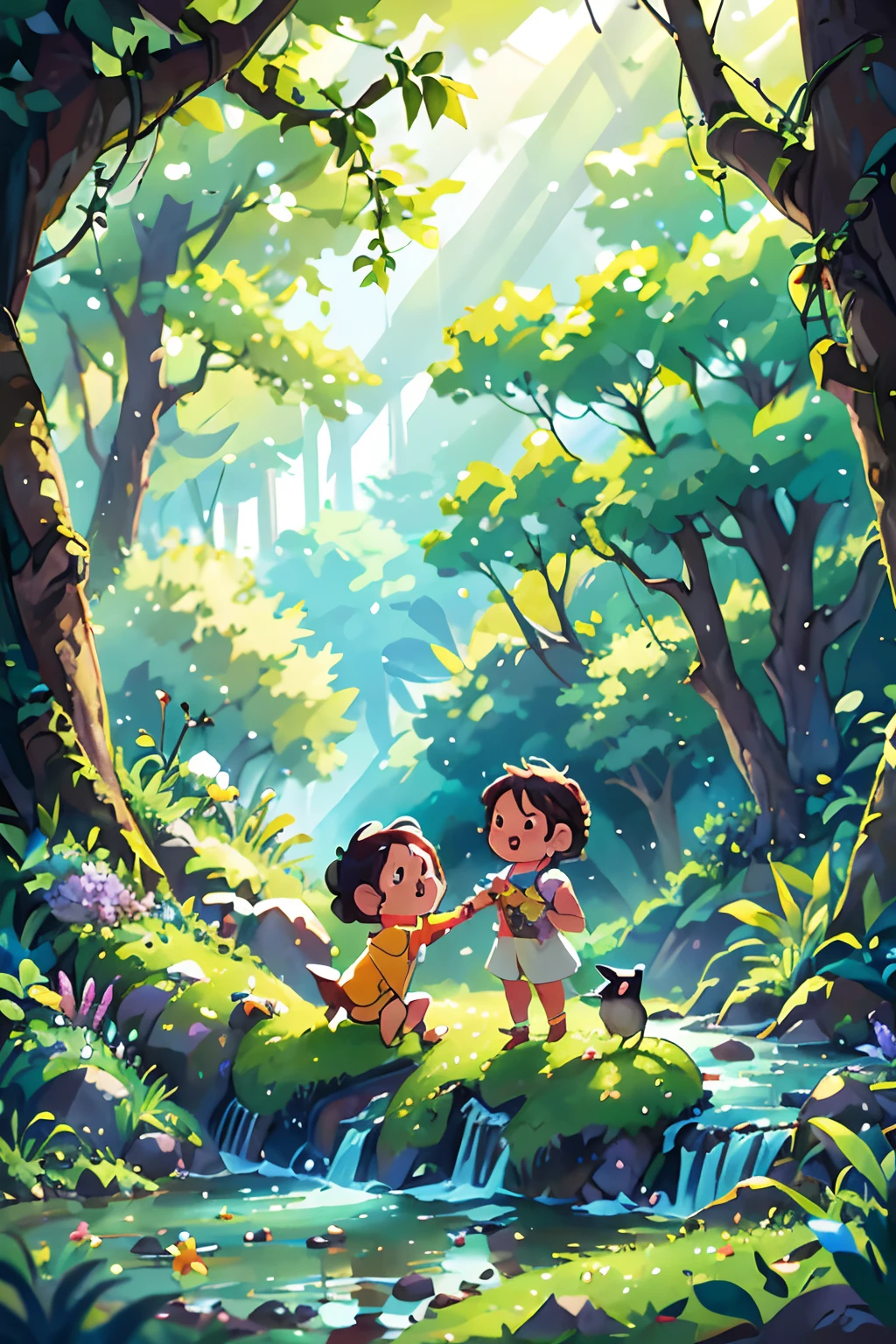 (a forest crossed by a river,flowers,swallows in the sky,spring,children playing), oil painting, ultra-detailed, vivid colors, realistic lighting, landscape, birds chirping, sunlight filtering through the trees, soft breeze, lush green foliage, sparkling water reflections, vibrant wildflowers, joyful laughter, carefree children's expressions, dynamic brushstrokes, harmonious composition.