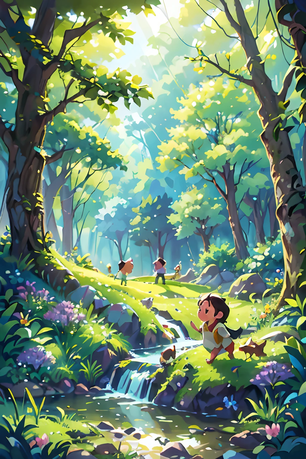 (a forest crossed by a river,flowers,swallows in the sky,spring,children playing), oil painting, ultra-detailed, vivid colors, realistic lighting, landscape, birds chirping, sunlight filtering through the trees, soft breeze, lush green foliage, sparkling water reflections, vibrant wildflowers, joyful laughter, carefree children's expressions, dynamic brushstrokes, harmonious composition.