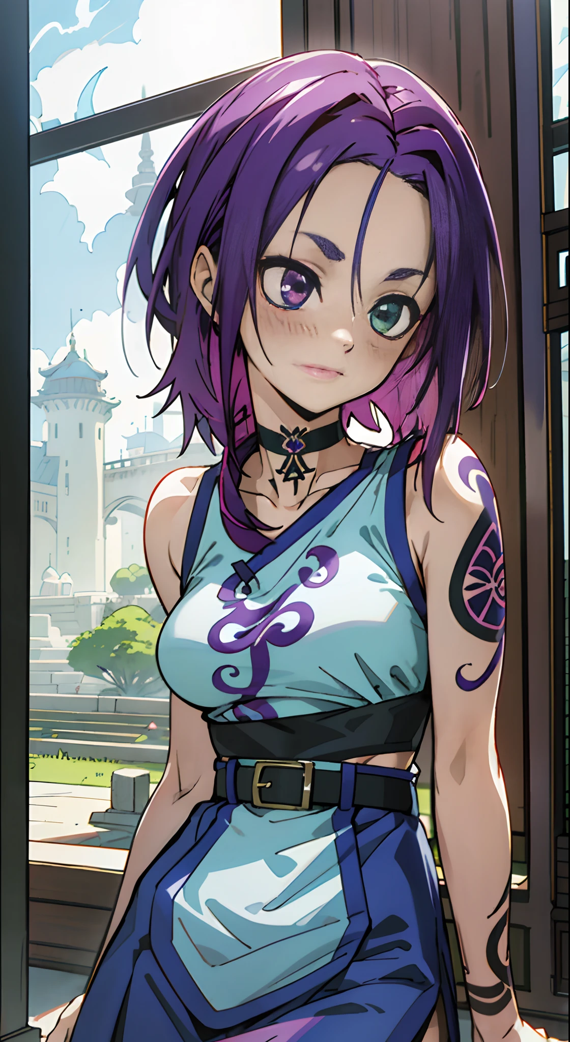 Masterpiece, Best quality, Ultra-detailed, Colorful,take up close, Hyper-detailing,purple color hair, Ultra-realistic hair quality, Vibrant colors, Beautuful Women, Beautiful long hair, Shiny hair, detailed hairs, reo mikage, bluelock, no sleeves, camisole and cheongsam, chinese clothes, chest exposure, lace underwear, the kinky is exposed, choker, black choker, arm warmer, Relative area, a belt, The tattoo, arm tattoos, Dragon tattoo, body tattoo, hand tattoo, Sexy breasts, Big breasts, red blush, 1girl in, Solo, sharpy face, heterochromia, green eyes, purple eyes, Bare neck, happiness face, rays of sunshine, Beautiful sky, shining sky, Shanghai Village, castle
