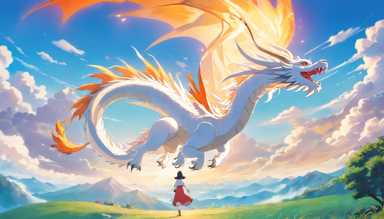 The Chinese White Divine Dragon soared into the air,(Girl manipulates dragons:1.3),(The girl has her back to the camera:1.3),Sky clouds surround the surroundings,Light magic,Fantastic background,Meaning background,Ridiculous background,There are artistic overlays,multicolored hair, surrealism, Cinematic lighting, Ray tracing, god light, speed-line, angle of view, hyper HD, Masterpiece, Best quality, Super detail, A high resolution, High quality,(Far view:1.3)