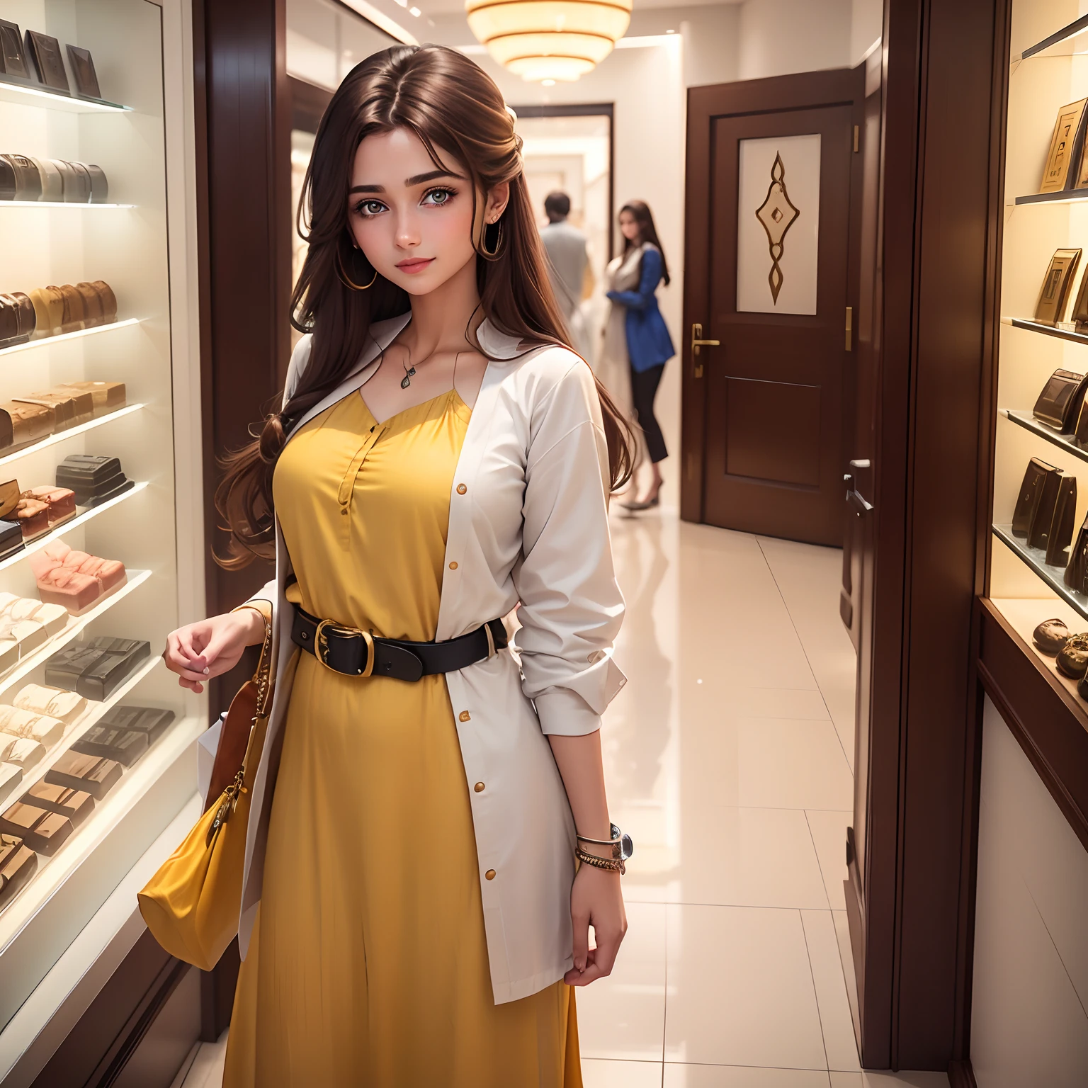 Cute girl blue eyes, long brown hairs, smooth face, yellow shalwar and kameez with white outline, and white belt on her kameez,red lipstick, beautiful hair style, smile on face,standing in a luxury shop on wrist watch where are many wrist watches, and her one hand in the pocket of kameez