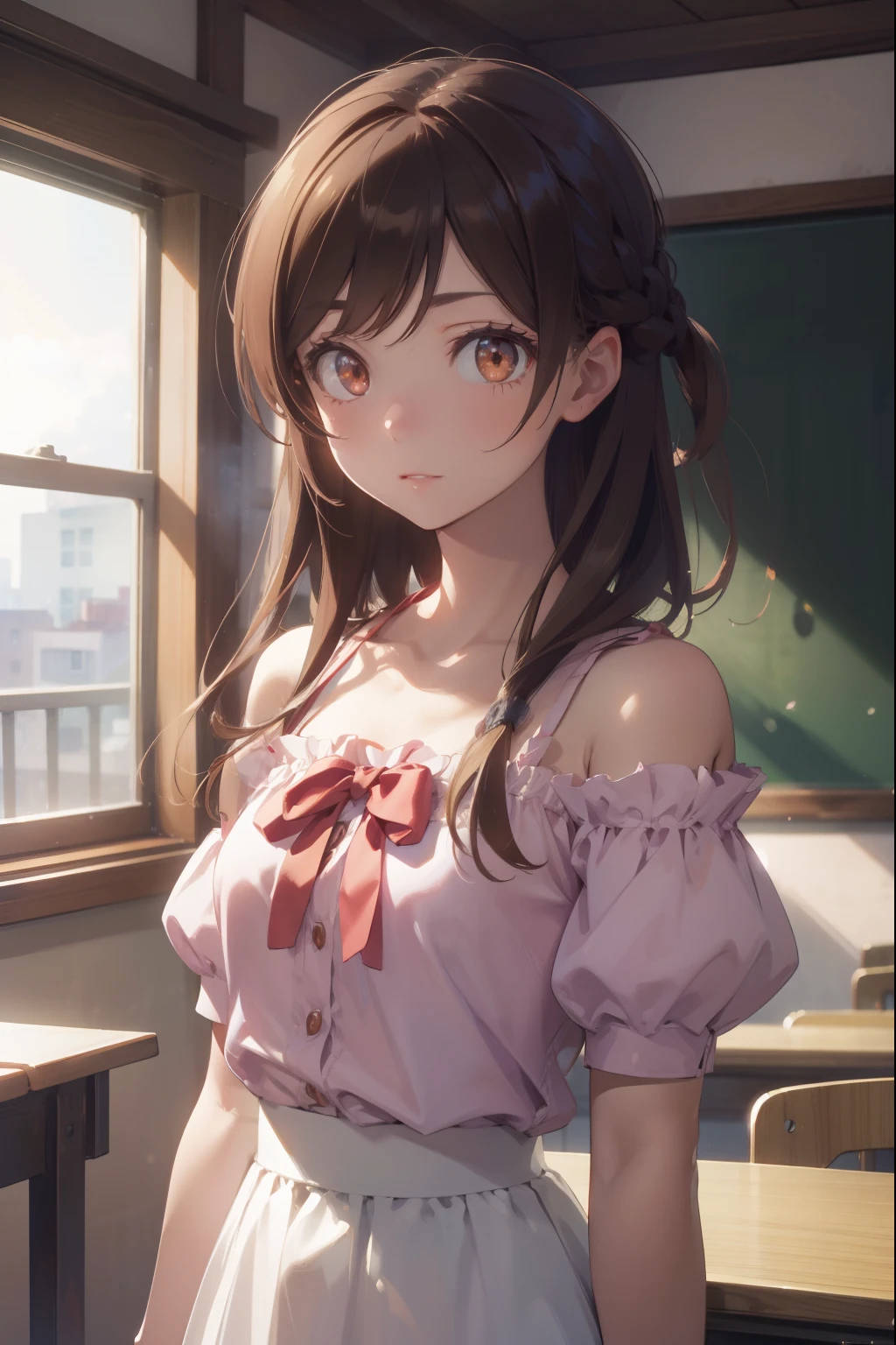 mizuharachizuru, mizuhara chizuru, (brown eyes:1.5), brown hair, long hair, (one side up:1.2),
BREAK bare shoulders, collarbone, pink shirt, puffy short sleeves, puffy sleeves, red bow, shirt, short sleeves, skirt, white skirt,
BREAK indoors, classroom,
BREAK looking at viewer, 
BREAK (masterpiece:1.2), best quality, high resolution, unity 8k wallpaper, (illustration:0.8), (beautiful detailed eyes:1.6), extremely detailed face, perfect lighting, extremely detailed CG, (perfect hands, perfect anatomy),