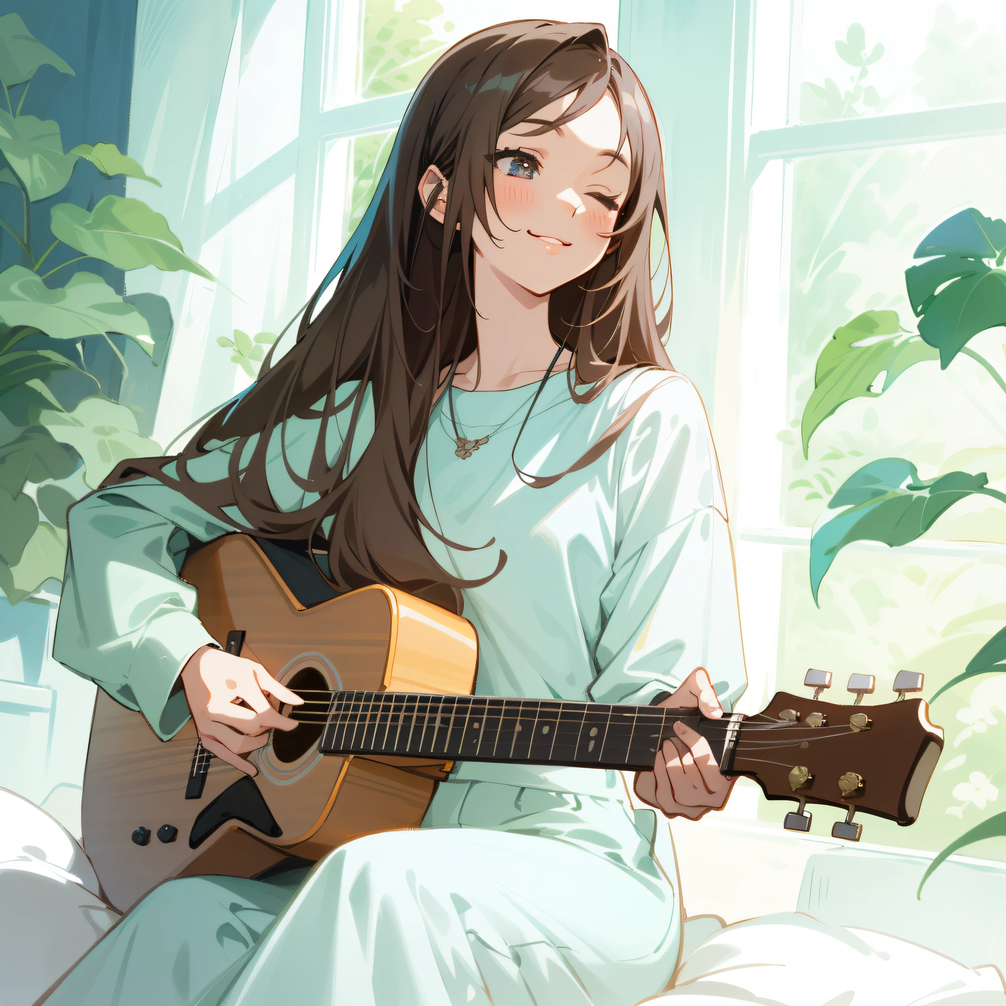 Woman sitting playing guitar with both eyes closed in front of window, gentle smile, realistic and cute anime girl drawing, anime girl playing guitar, playing guitar, anime woman playing guitar, soft digital painting, musician, playing guitar, fan art, realistic art style, beautiful artwork illustration, beautiful digital artwork
