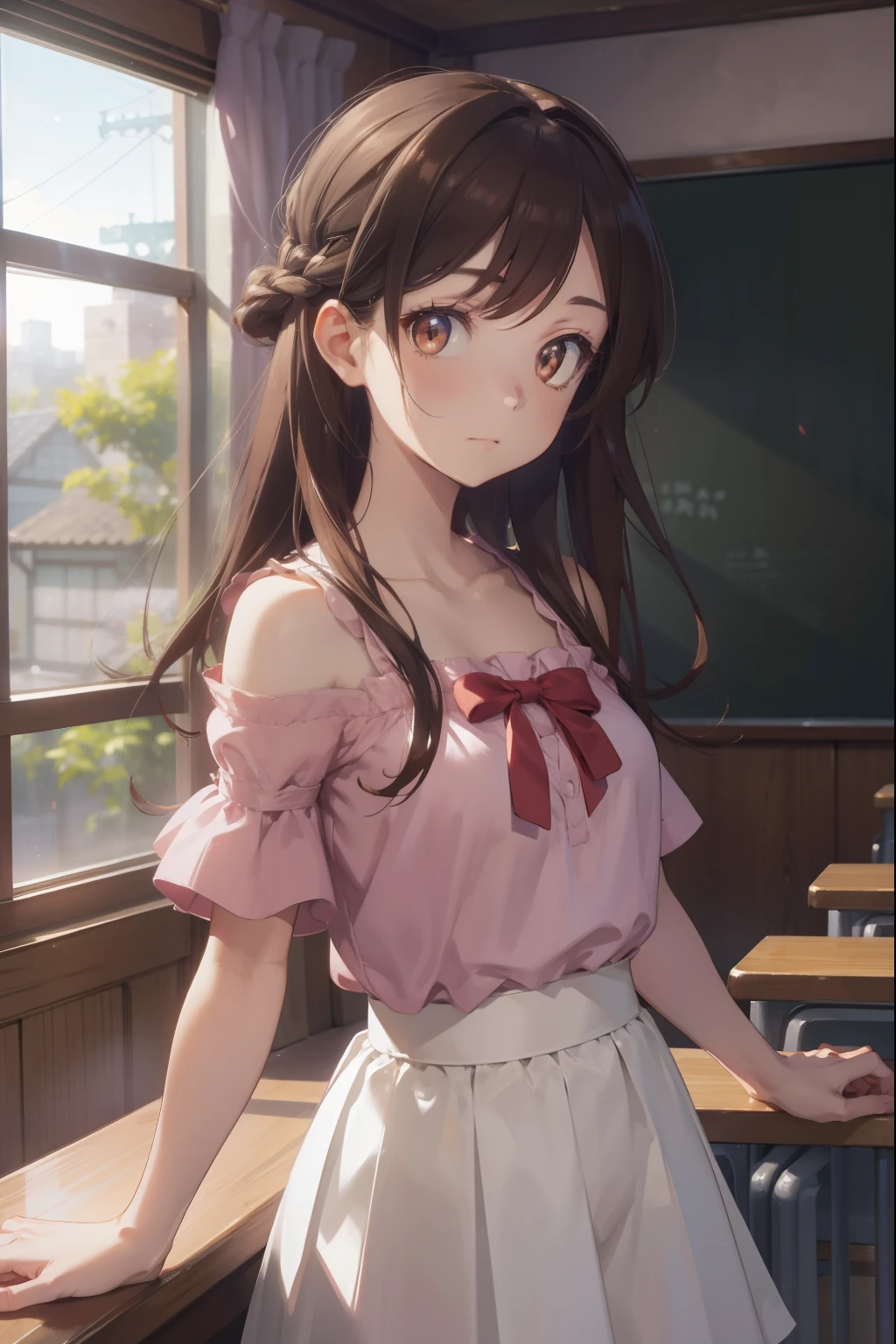 mizuharachizuru, mizuhara chizuru, (brown eyes:1.5), brown hair, long hair, (one side up:1.2),
BREAK bare shoulders, collarbone, pink shirt, puffy short sleeves, puffy sleeves, red bow, shirt, short sleeves, skirt, white skirt,
BREAK indoors, classroom,
BREAK looking at viewer, 
BREAK (masterpiece:1.2), best quality, high resolution, unity 8k wallpaper, (illustration:0.8), (beautiful detailed eyes:1.6), extremely detailed face, perfect lighting, extremely detailed CG, (perfect hands, perfect anatomy),