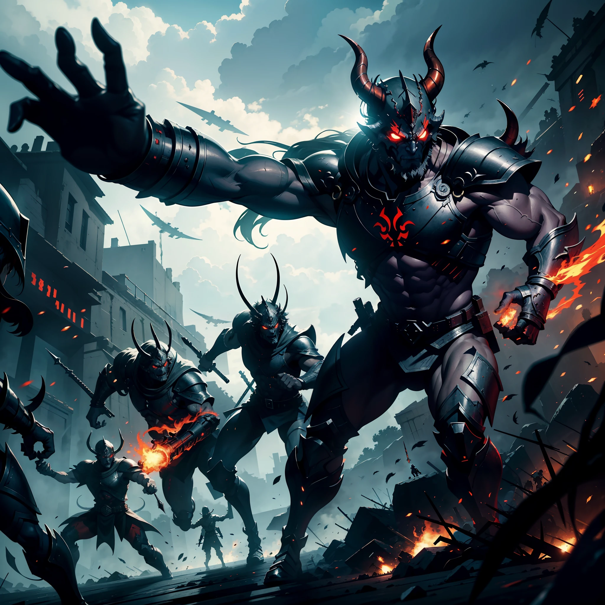 The Devil leading troops armed with jinn into battle Hyper realistic warfare super detailed Dynamic shot masterpiece cinematic scene scenes movie Epic Legendary perspective environment so much Warriors demons