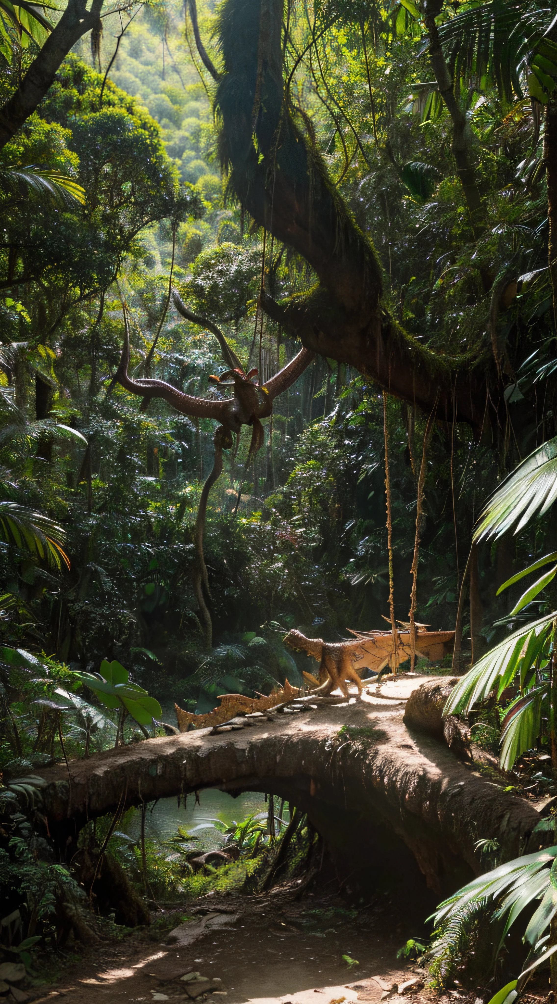 (extremadamente detallado, obra maestra, La mejor calidad, foto antigua, principios de siglo, VHS Aesthetics).(dragon gritando. Depredador.)(jungla espesa), organic trees with meat.