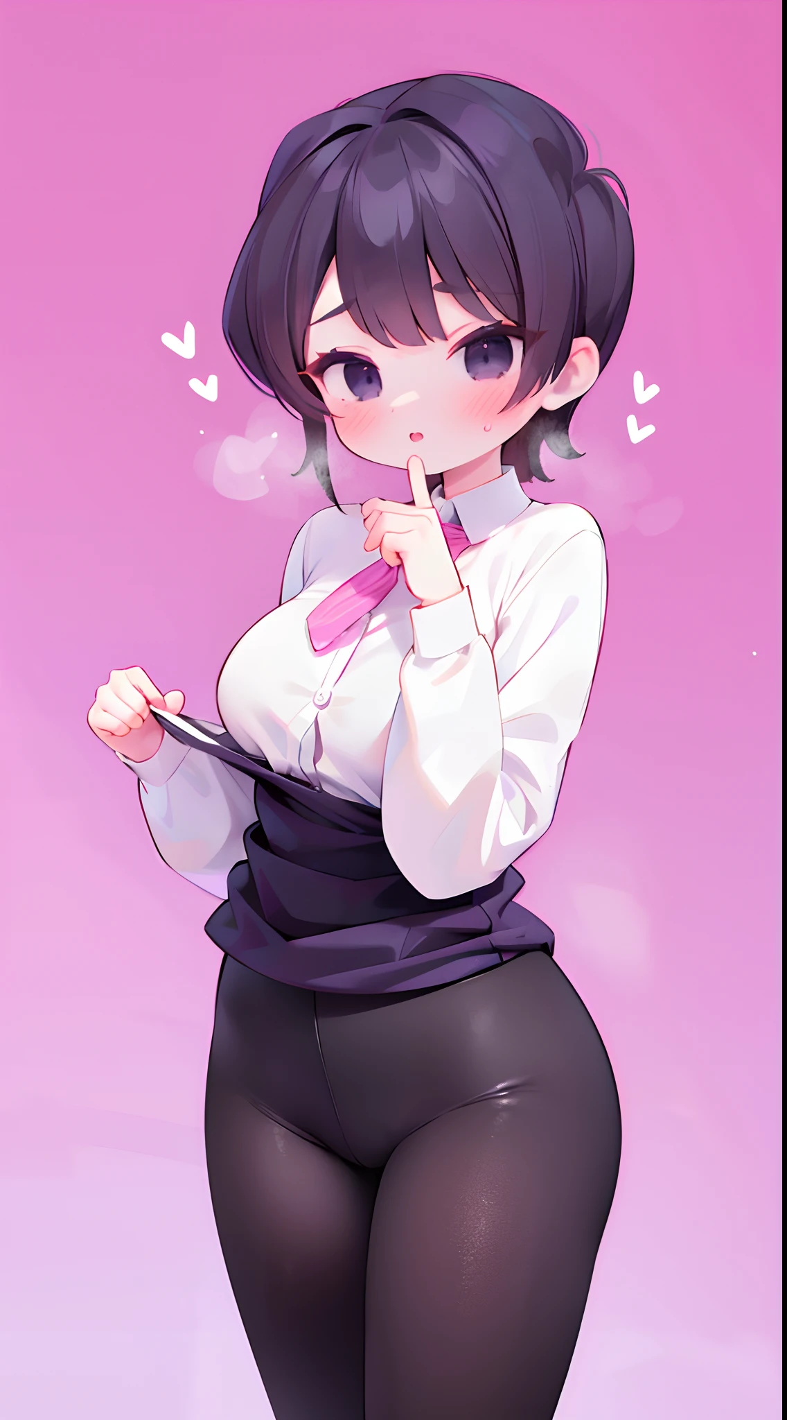 Komi Shuuko,A MILF，D cup，slimfigure，black long dress，Textured leggings，long trousers，White color blouse，Simetall，Hell Whisperer style,Lots of pink hearts，Love background，Fleshy thighs，highly rendered，detailed face with