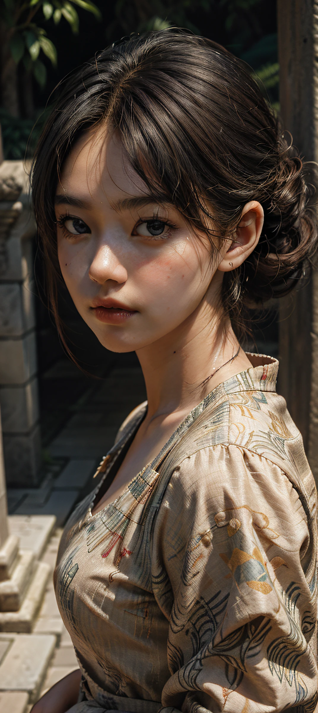 masterpiece, ultra high res, (photorealistic:1.4), raw photo, 1girl, batik, borobudur temple
