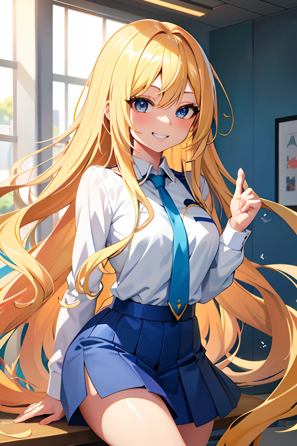 Anime girl with long blonde hair and blue tie in a white shirt, Anime appearance of cute girls, long-haired blonde anime girl, cheerful grin, beautiful high school anime girl, anime visual of a young woman, extremely cute anime girl face, Best Girl Anime, Menina does anime Chamada Lucy, radiantsmile, Anime portrait of Shiina Ringo