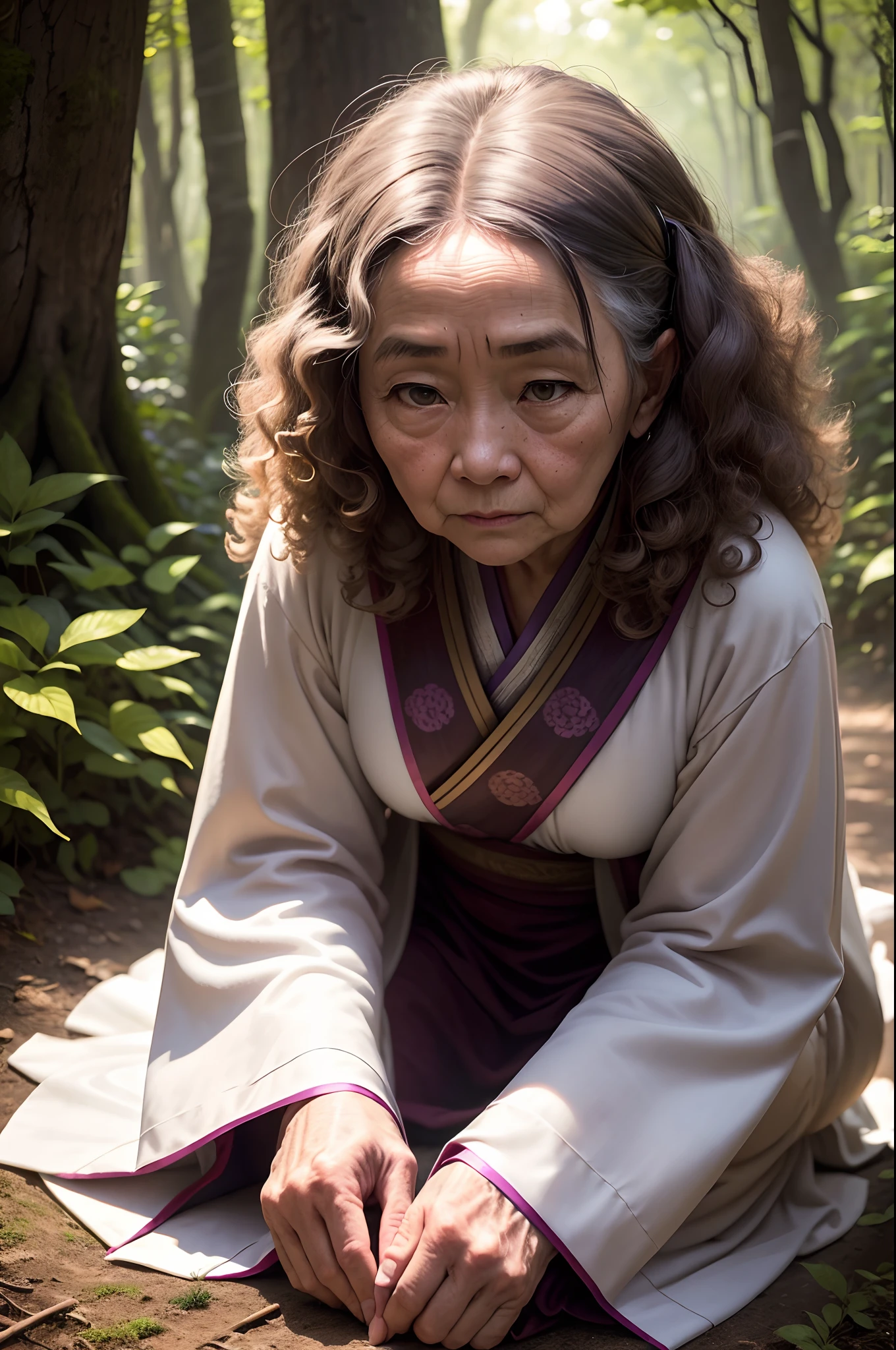 An elderly woman, Kneel on the ground in the forest, wearing a hanfu, There was a 17-year-old girl next to her, Curly hair, Chiaroscuro, vanishing point, hyper HD, Best quality, A high resolution, 1080p, ccurate