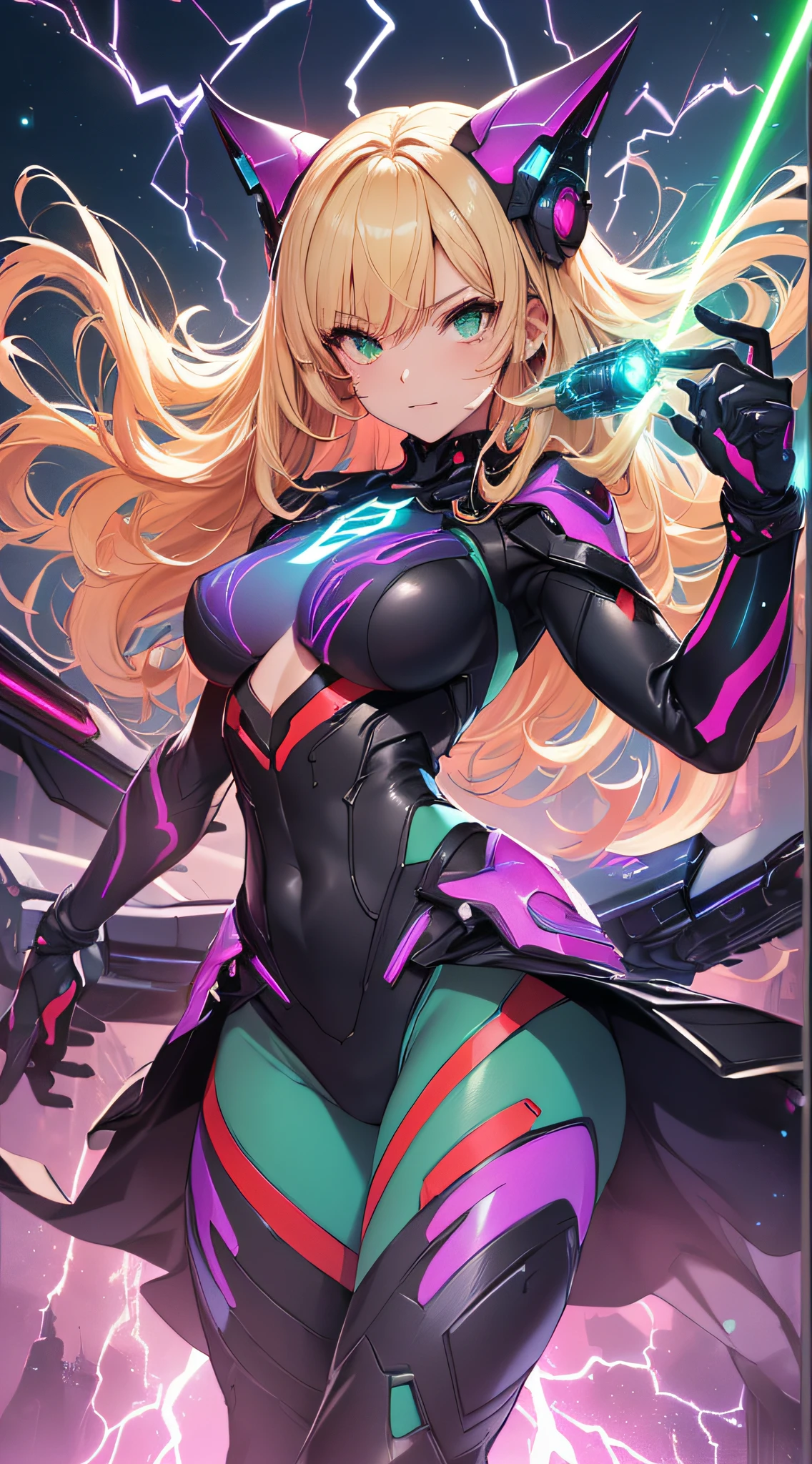 top-quality、Top image quality、masterpiece、Android Girl((14years、Red, Black and blue glowing cybersuit、Blue energy source for the chest,Best Bust、Bust 90、Blonde Away Tail、Blue-green eyes、open chest wide、Valley、Happiness、A slender、Warlike face、Stand at the front、Countless cable connections throughout the body、Particles of light、Sharp claw arm,Laser cannon on both arms))hiquality、Beautiful Art、Background with((Blue lighting、Green particles、Red Laser Pointer、Purple swirl,Yellow flash、Pink lightning))、masutepiece、Elaborate design、visualart、Theatrical films