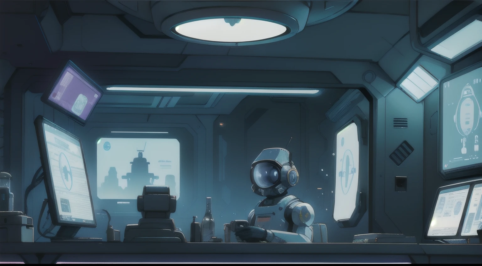 Science fiction illustration from the 1980s,Look through the glass at the busy robot on the workstation