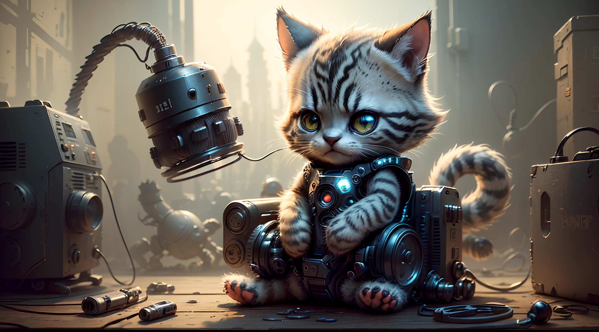 a cute kitten made out of metal，(half-mechanical:1.1)，([Tail|detailed wire]:1.3)，trabalhado，working environment，Computer，hdr，(complexdetails，ultra - detailed:1.2)，Cinema lenses，Halo shadow，at centre