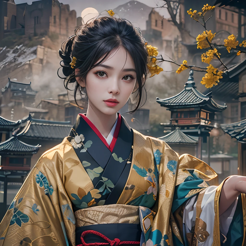 watching at viewers、Background with((ancient city:1.2)And the moon、(dense background:1.5))、BREAK {{{Luxury kimono(Colorful kimono(Detailed golden embroidery,))}}}、face perfect,Depict a beautiful and graceful woman of Japan,poneyTail、Woman with shiny black hair、perfect hand,Heart in the eye。odd eye,full body Esbian,Blur the background with a sickle,((masutepiece)), ((Best Quality))Wallpapers 16K, .Blur the background with a sickle,BREAK,((masutepiece)), ((Best Quality)),epicd(Lige Fries Photography、sony a7、50 millimeters、pores:1.5、Farbe、ultra-detailliert:1.5、film grains:1.4、hyper realisitic:1.5)、octan render、 ultra realistic lifelike textures、​masterpiece、unrealengine5、the Extremely Detailed CG Unity 8K Wallpapers、Madly detailed photo、Ultra-realistic light、(Pulitzer Prize for Best Photography、Taylor Wessing Award for Best Photography)